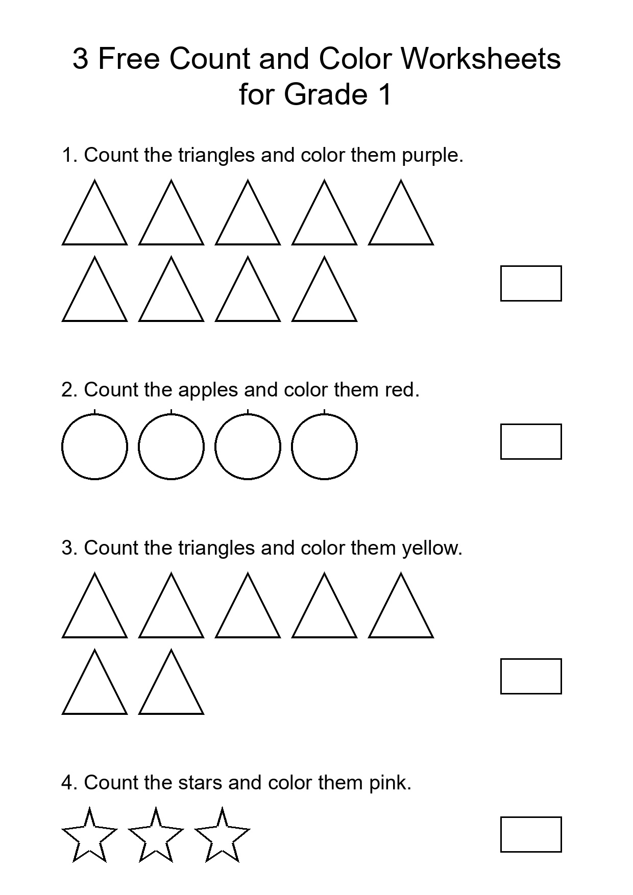 3 Free Count and Color Worksheets for Grade 1