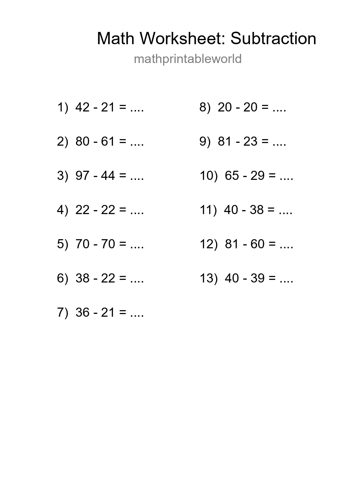 Free 13 Subtraction Math Worksheet For Grade 3 With Answers - Part 68