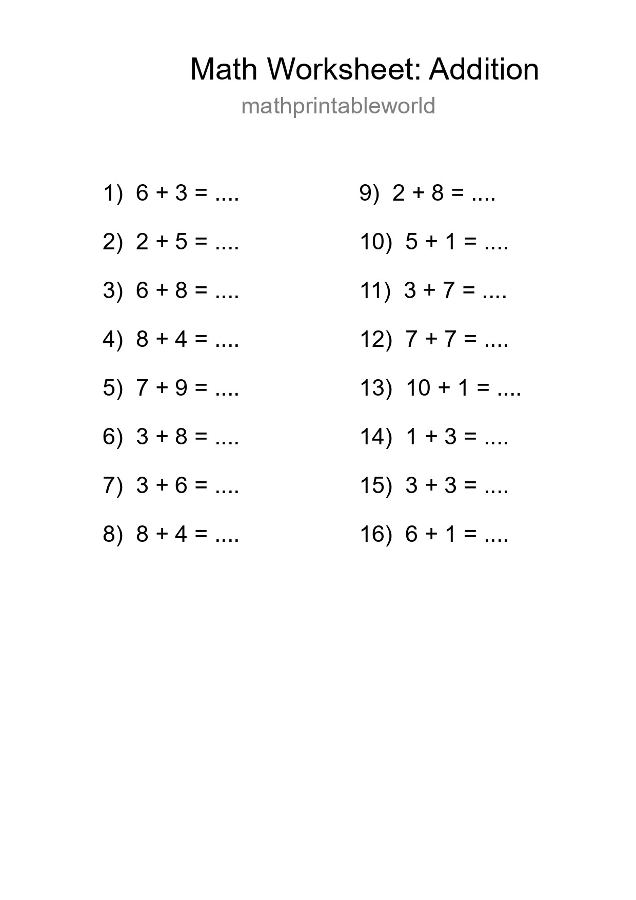 Free 16 Addition Math Worksheet For Grade 1 With Answers