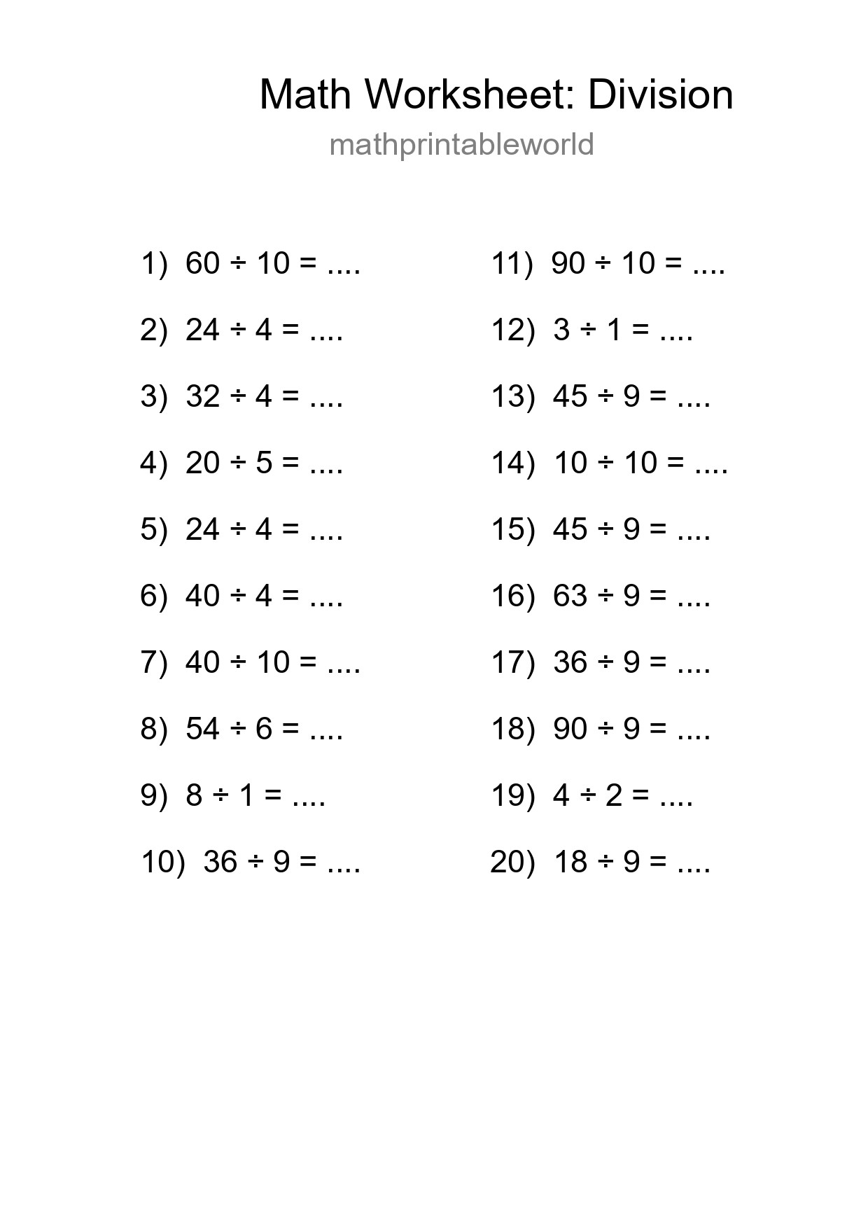 Free 20 Division Math Worksheet For Grade 1 - Part 14