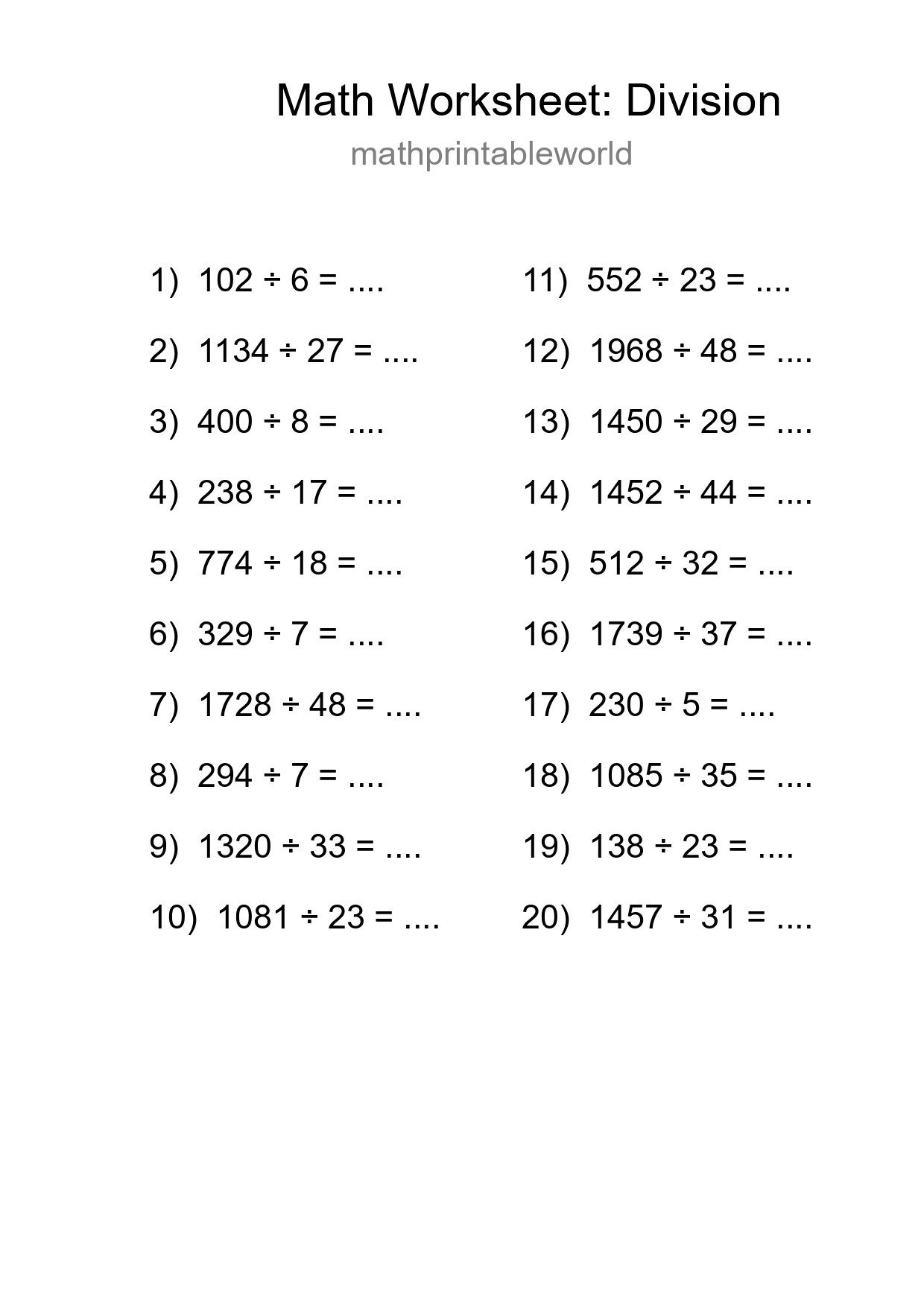 Free 20 Division Math Worksheet For Grade 2 With Answers - Part 84