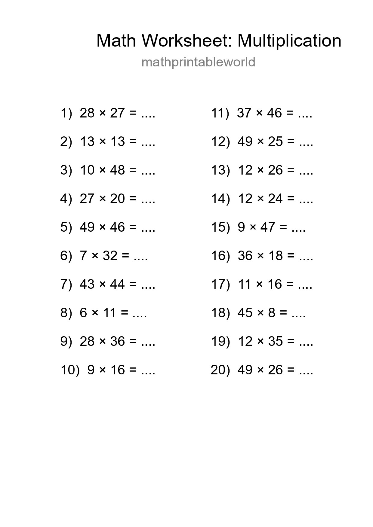 Free 20 Multiplication Math Worksheet For Grade 2 With Answers - Part 57
