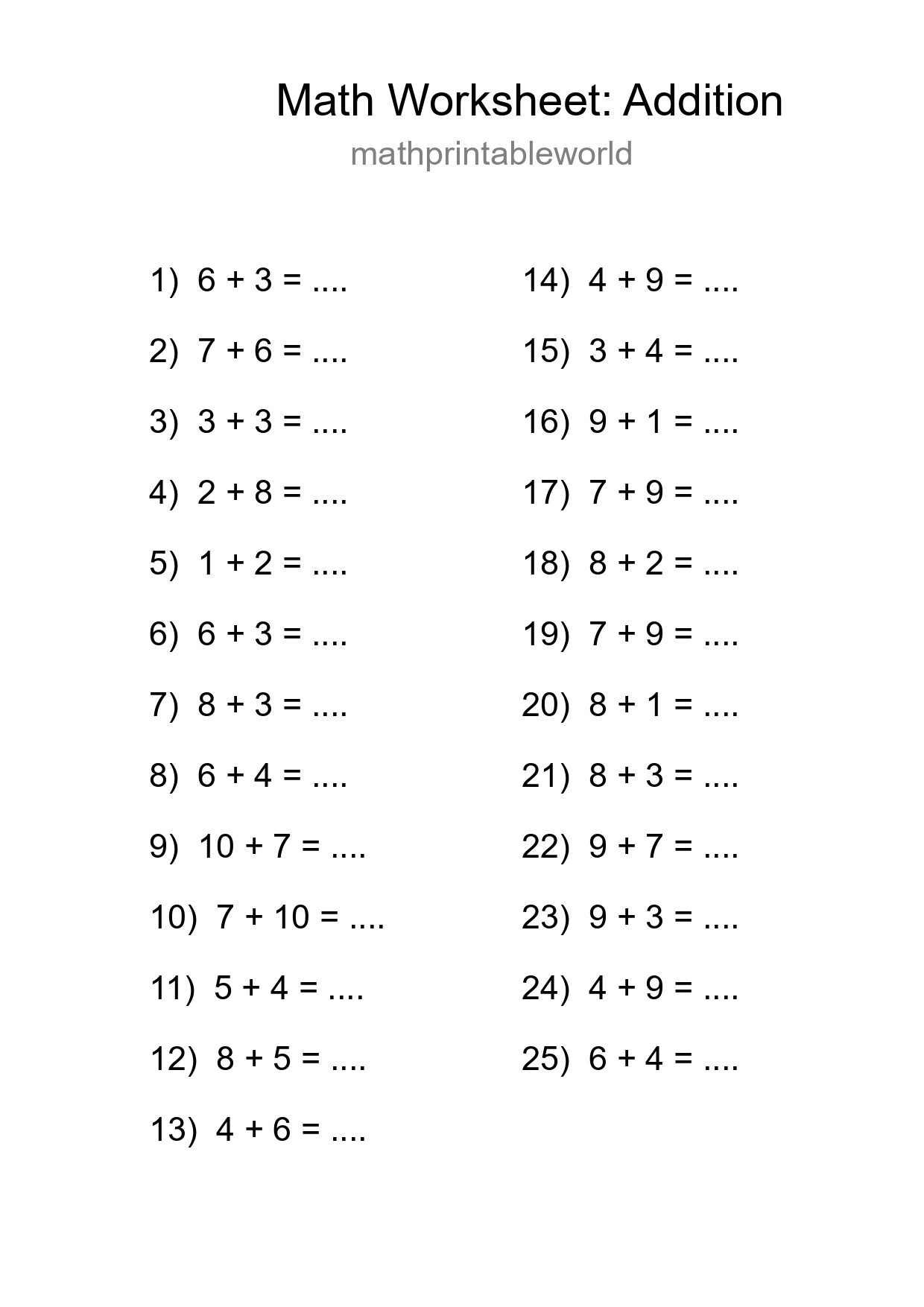 Free 25 Addition Math Worksheet For Grade 1 With Answers - Part 61