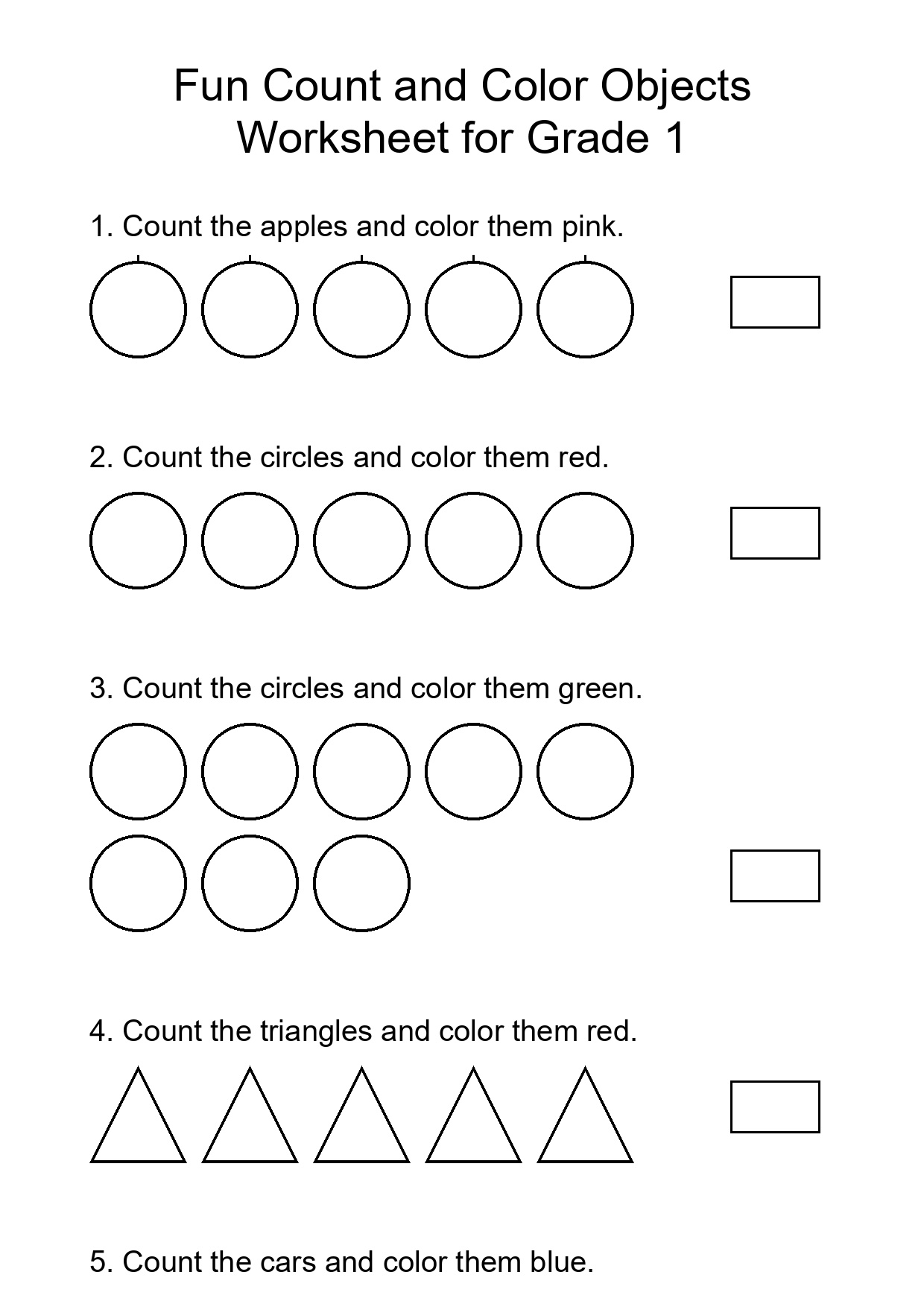 Fun Count and Color Objects Worksheet for Grade 1