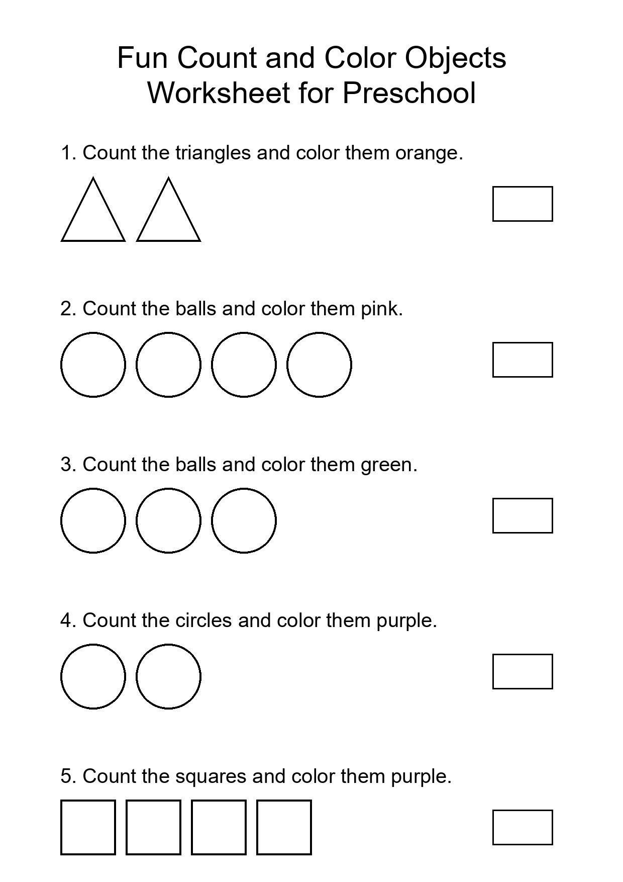 Fun Count and Color Objects Worksheet for Preschool