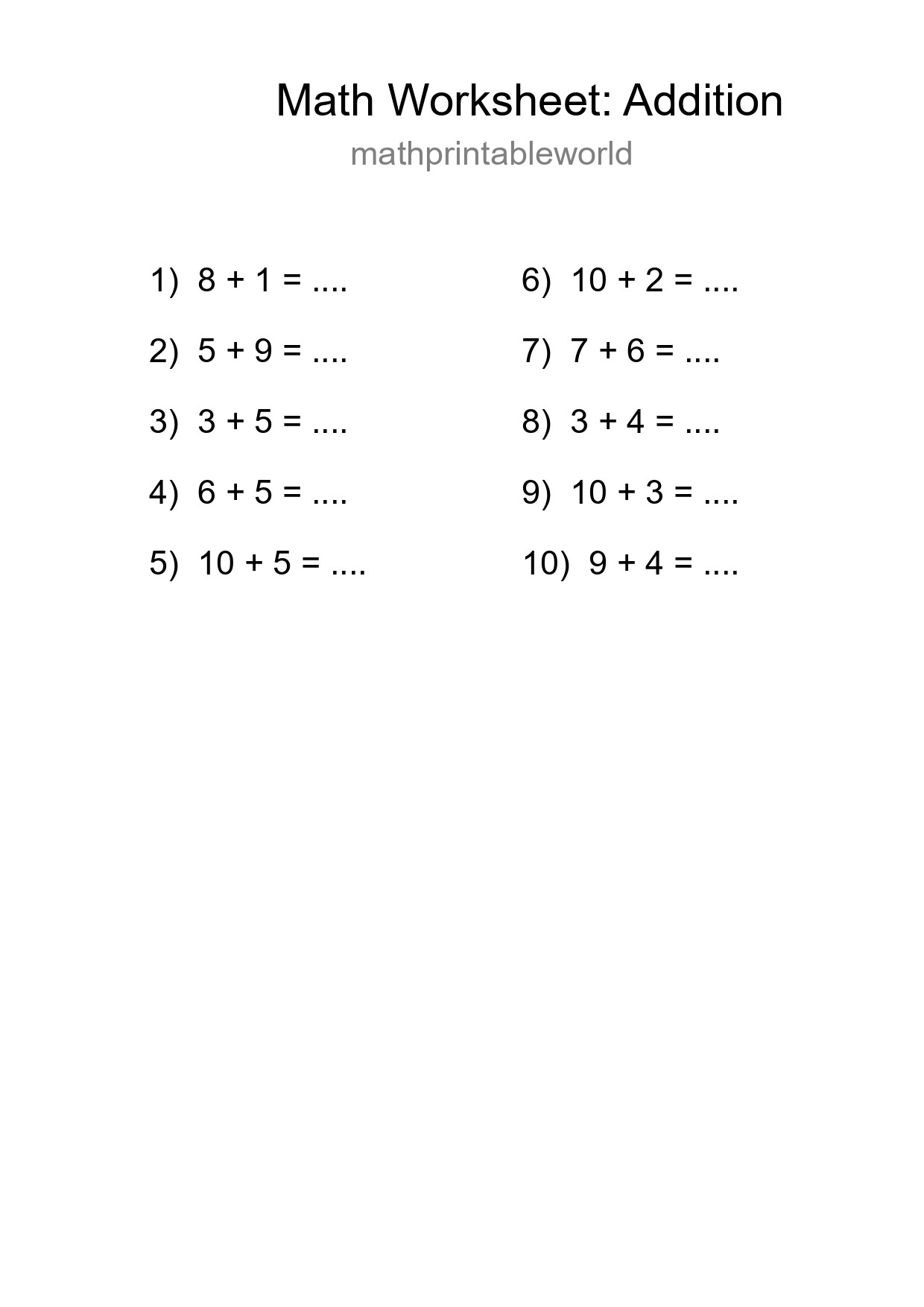 Grade 1 Addition Practice Worksheet (10 Problems) - Part 81