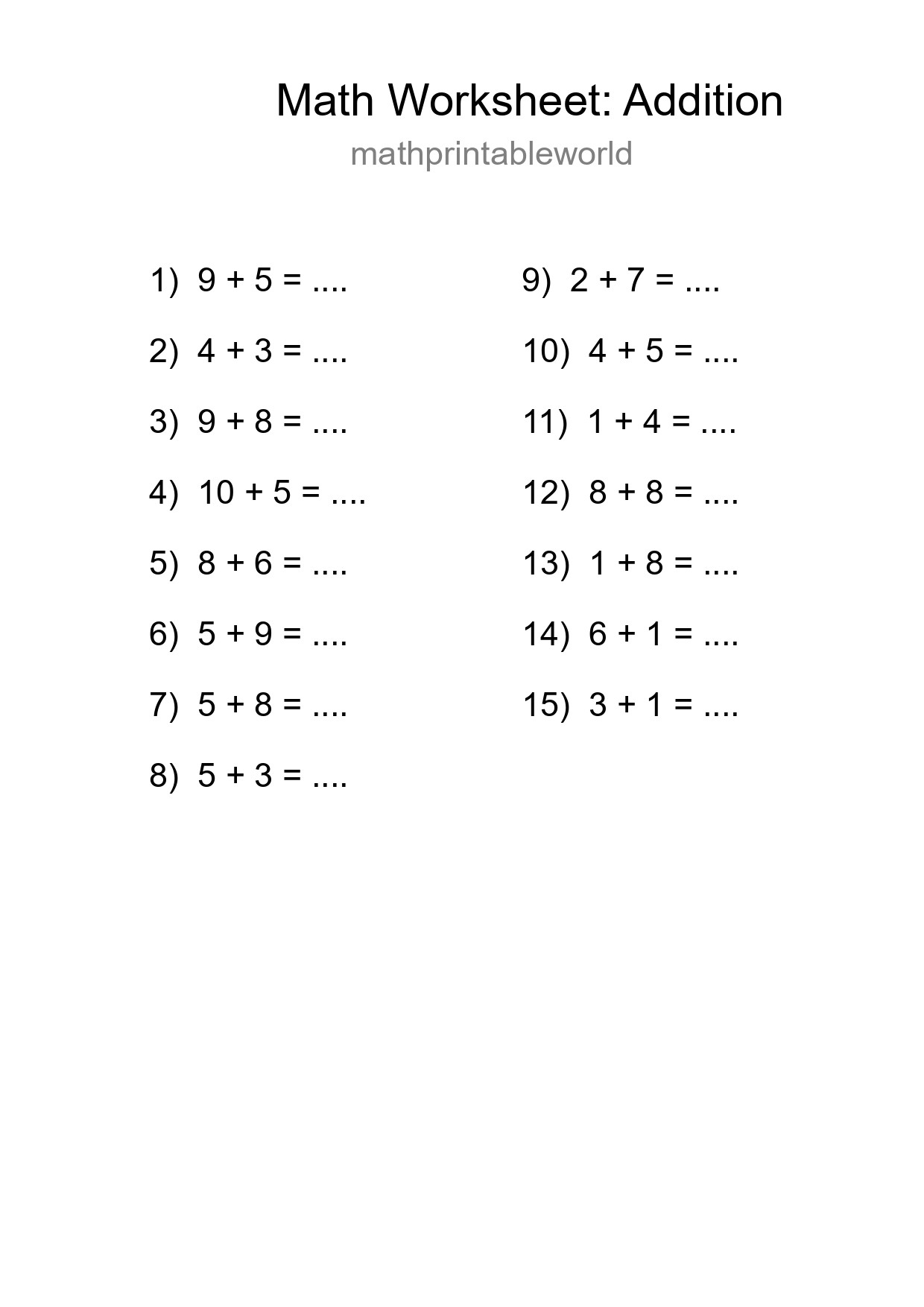 Grade 1 Addition Practice Worksheet (15 Problems) - Part 51