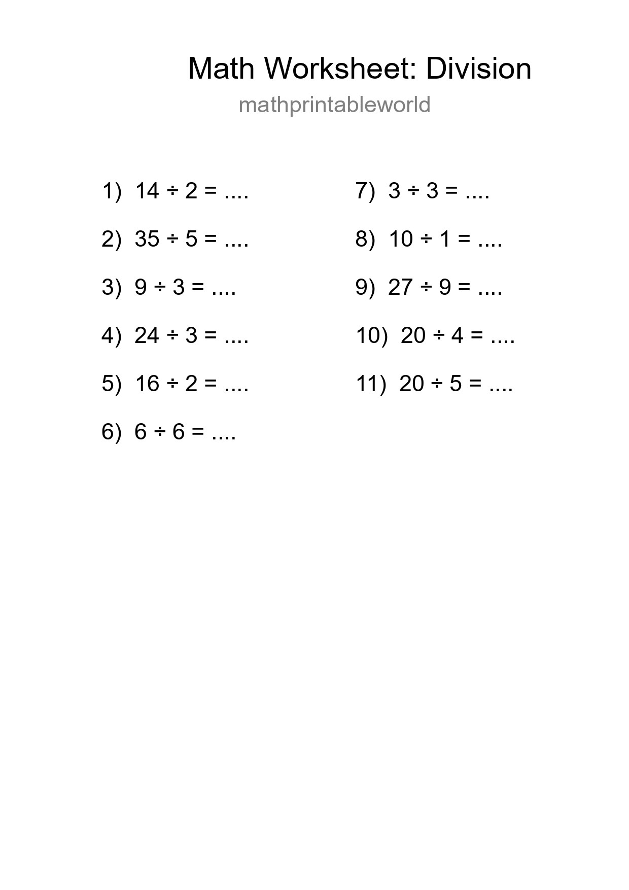 Grade 1 Division Practice Worksheet (11 Problems) - Part 74