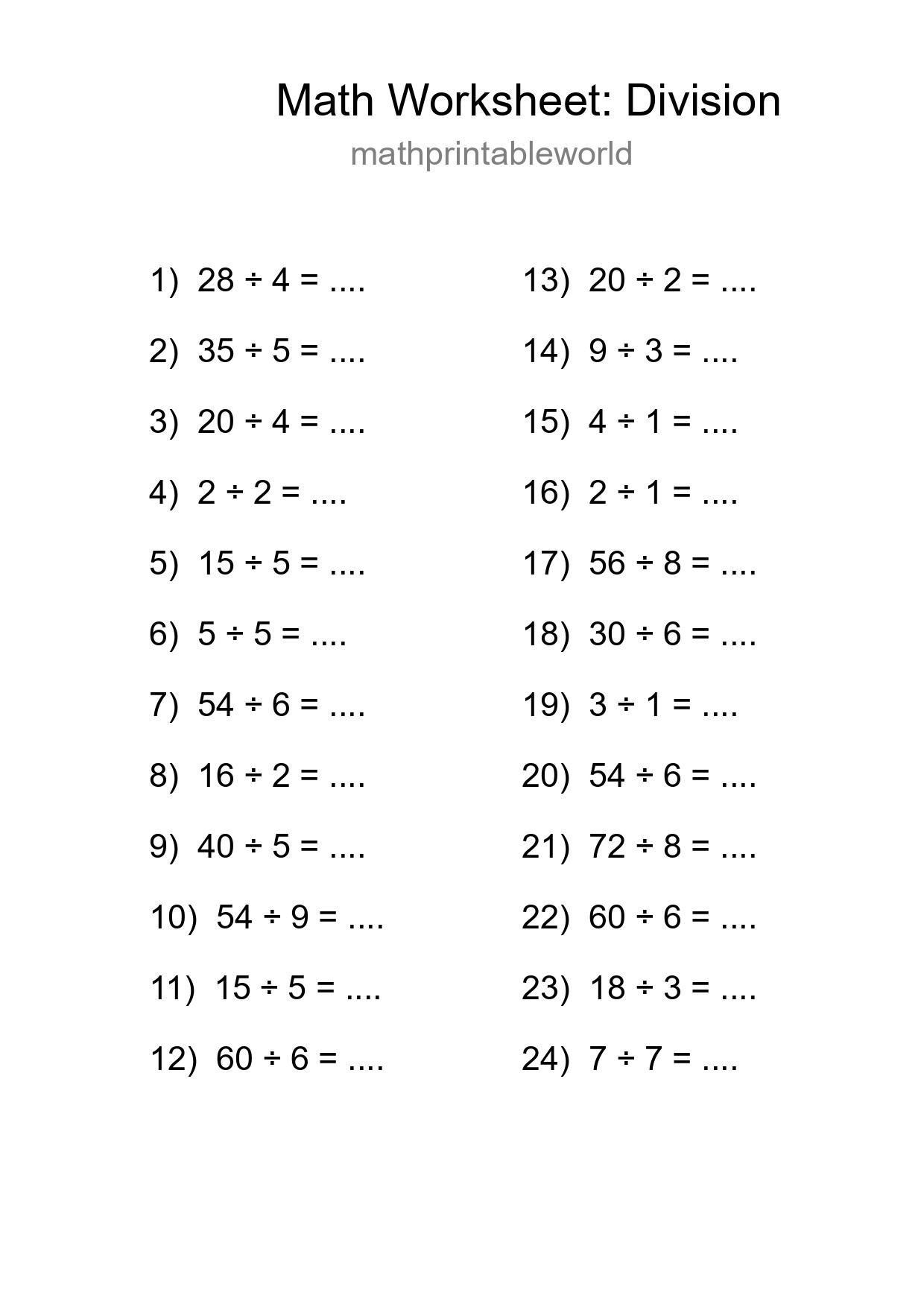 Grade 1 Division Practice Worksheet (24 Problems) - Part 54