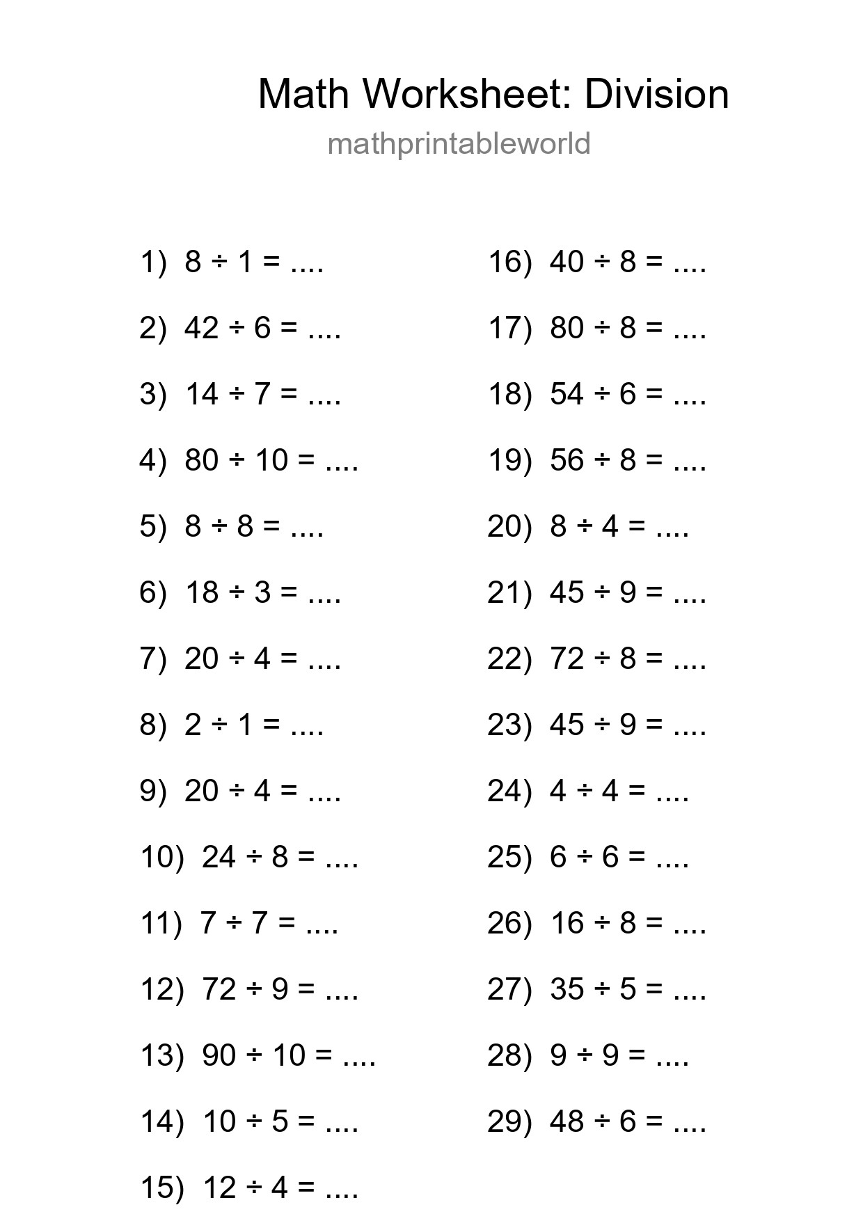 Grade 1 Division Practice Worksheet (29 Problems) - Part 44