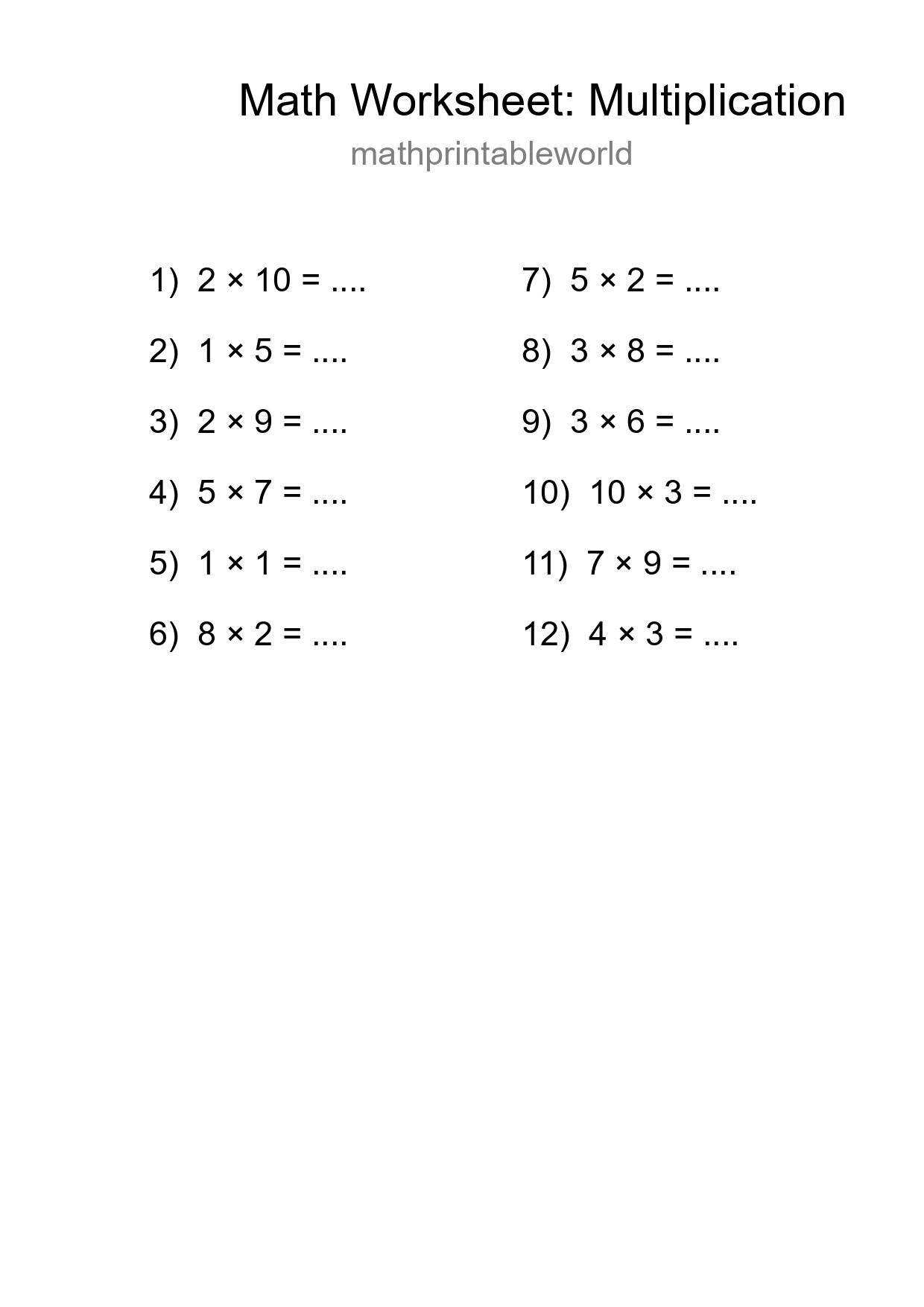 Grade 1 Multiplication Practice Worksheet (12 Problems) - Part 97
