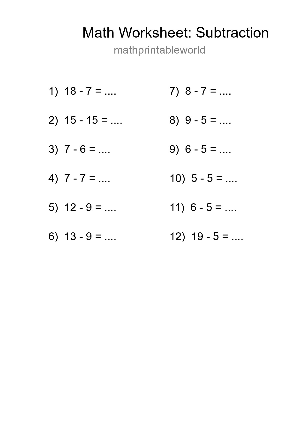 Grade 2 Subtraction Practice Worksheet (12 Problems) - Part 78