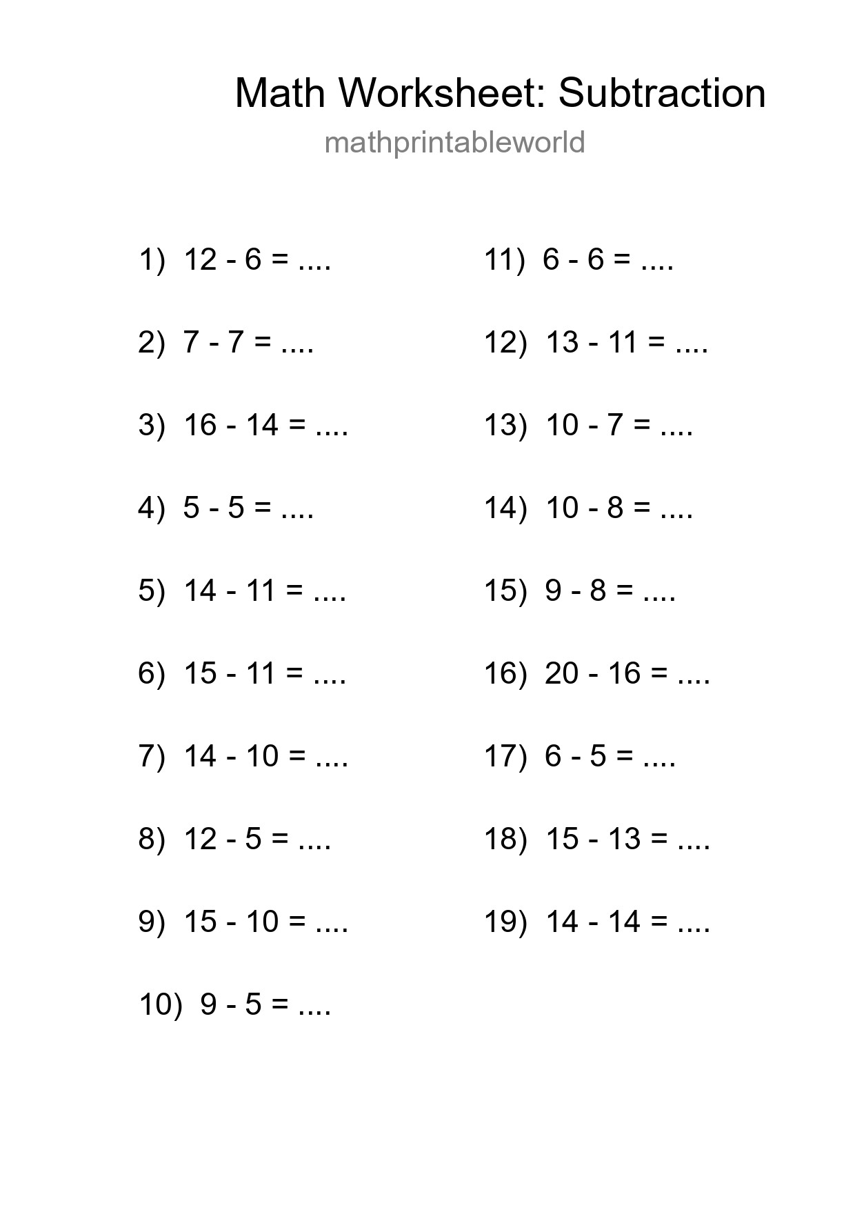 Grade 2 Subtraction Practice Worksheet (19 Problems) - Part 98