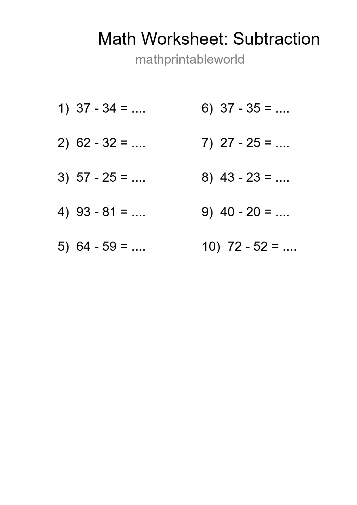 Grade 3 Subtraction Practice Worksheet (10 Problems) - Part 8