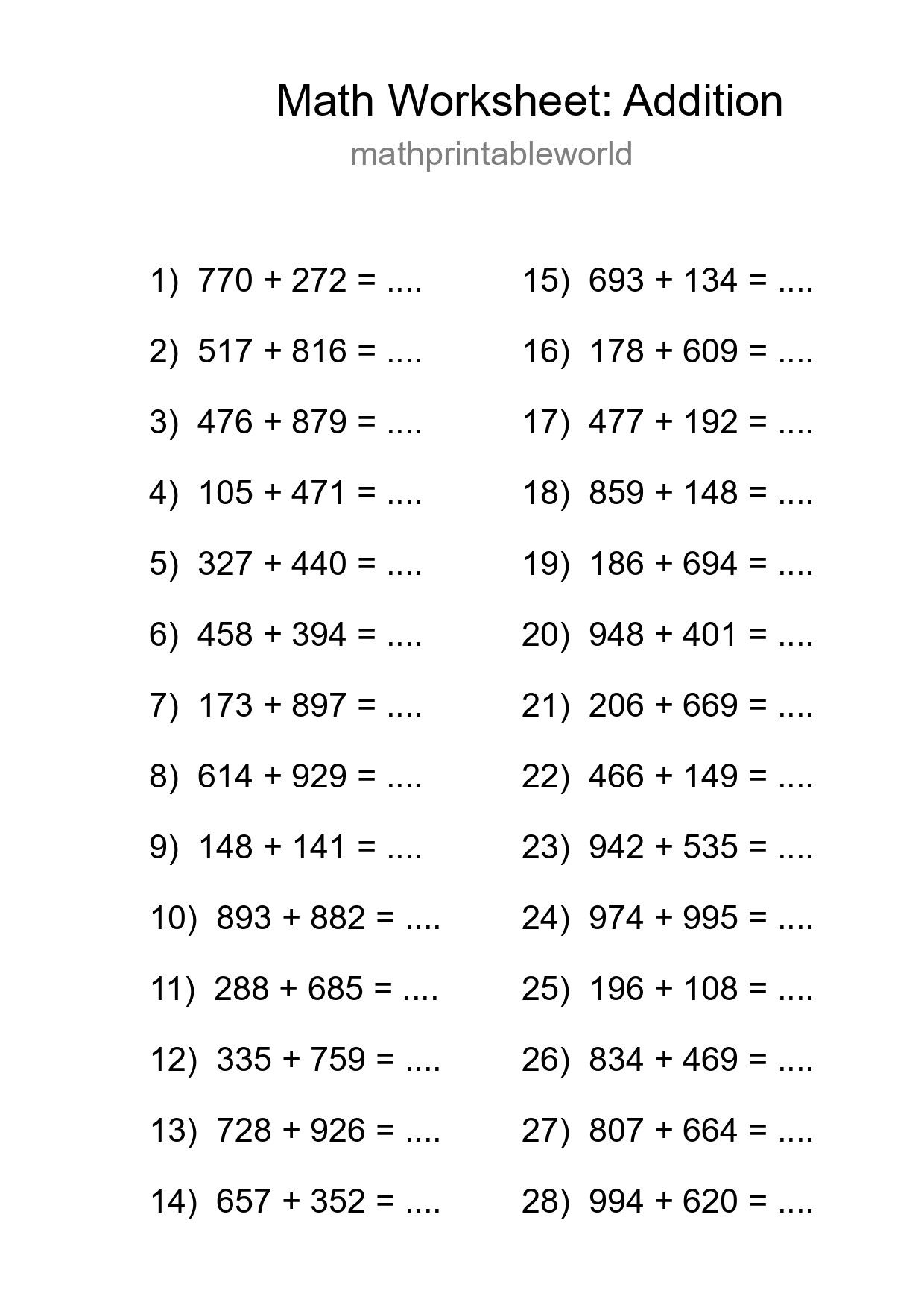 Grade 5 Addition Practice Worksheet (28 Problems) - Part 21