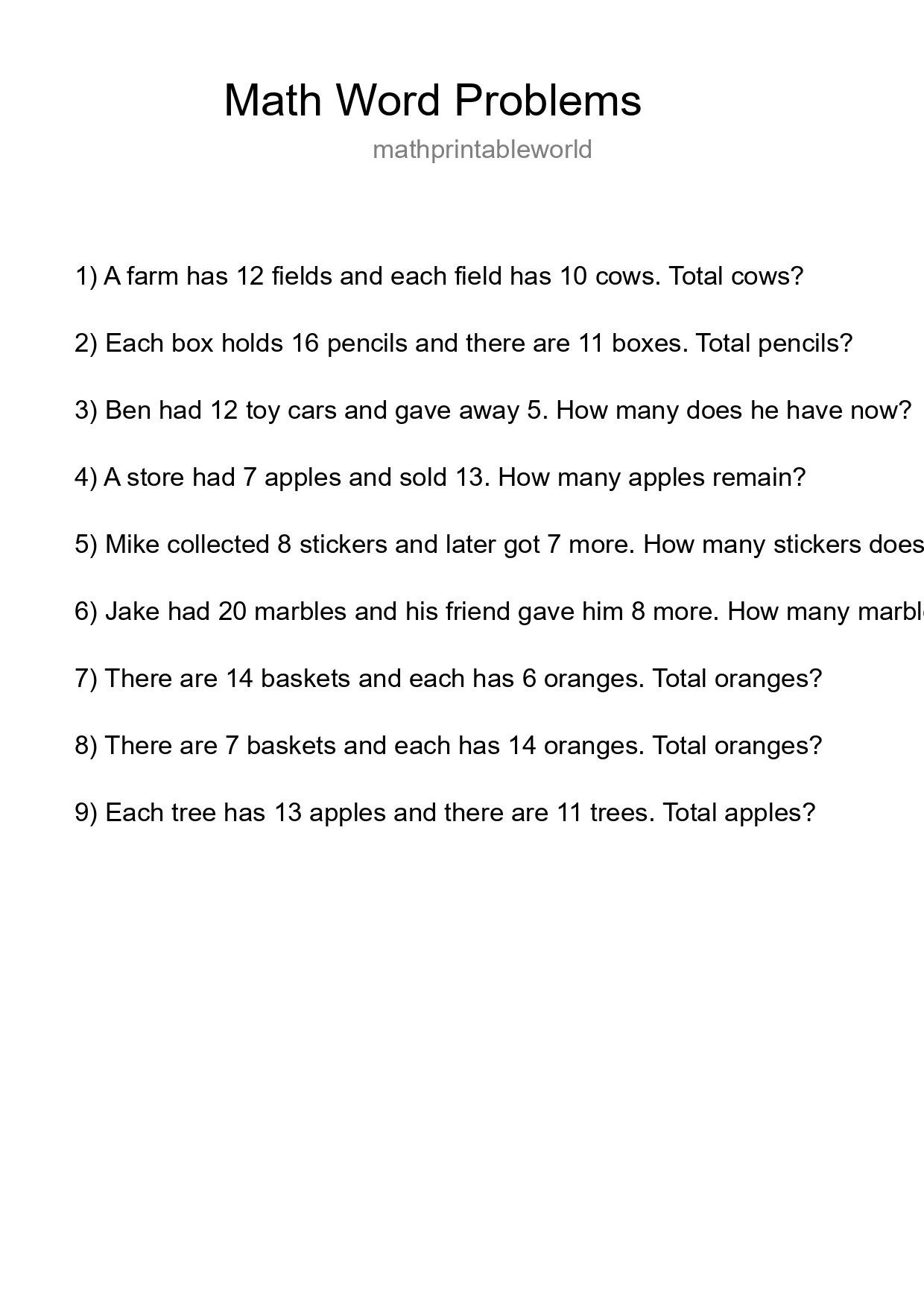 Math Word Problem Worksheet