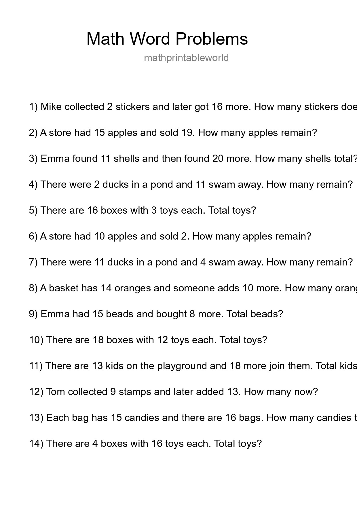 Math Word Problem Worksheet