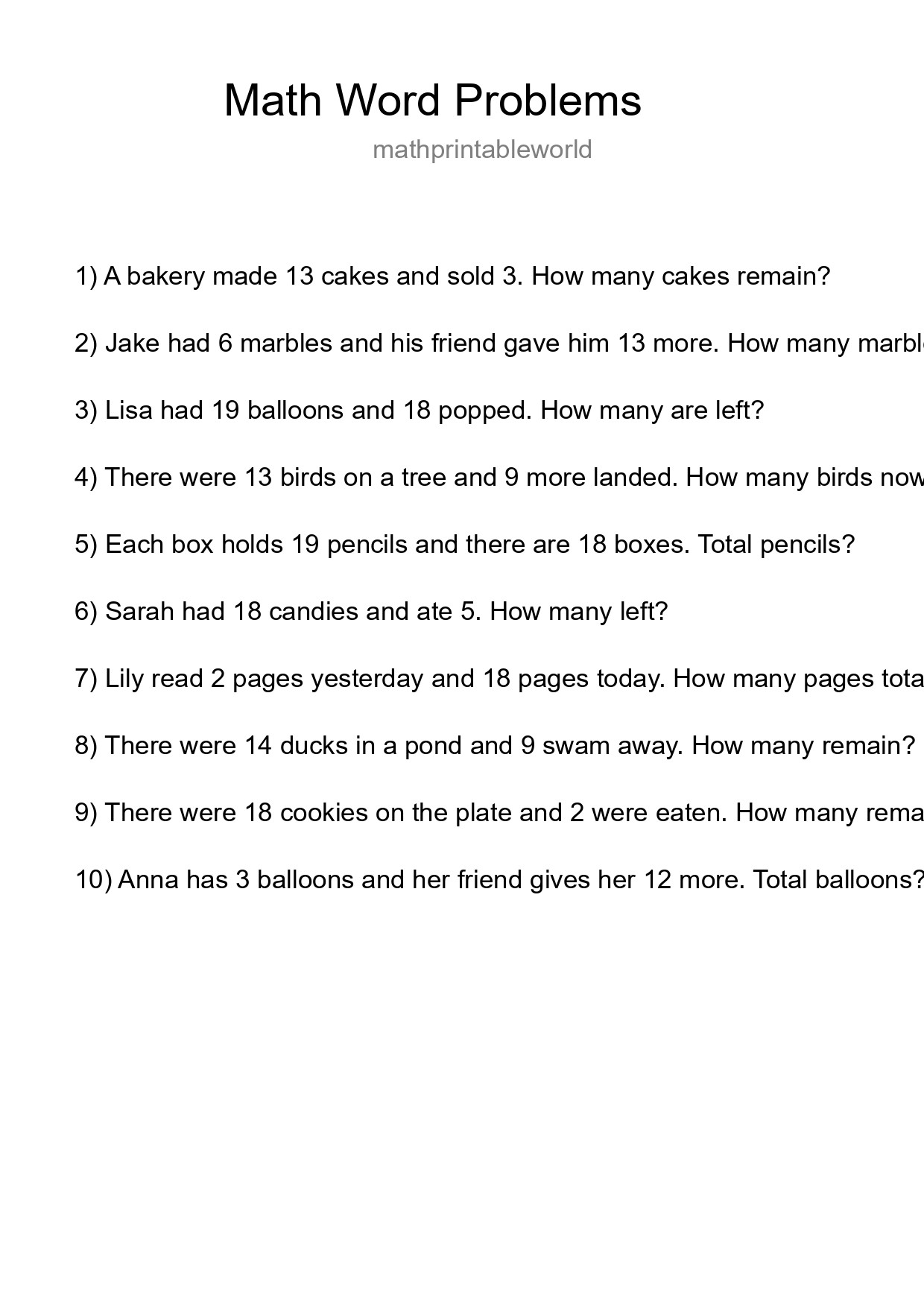 Math Word Problem Worksheet