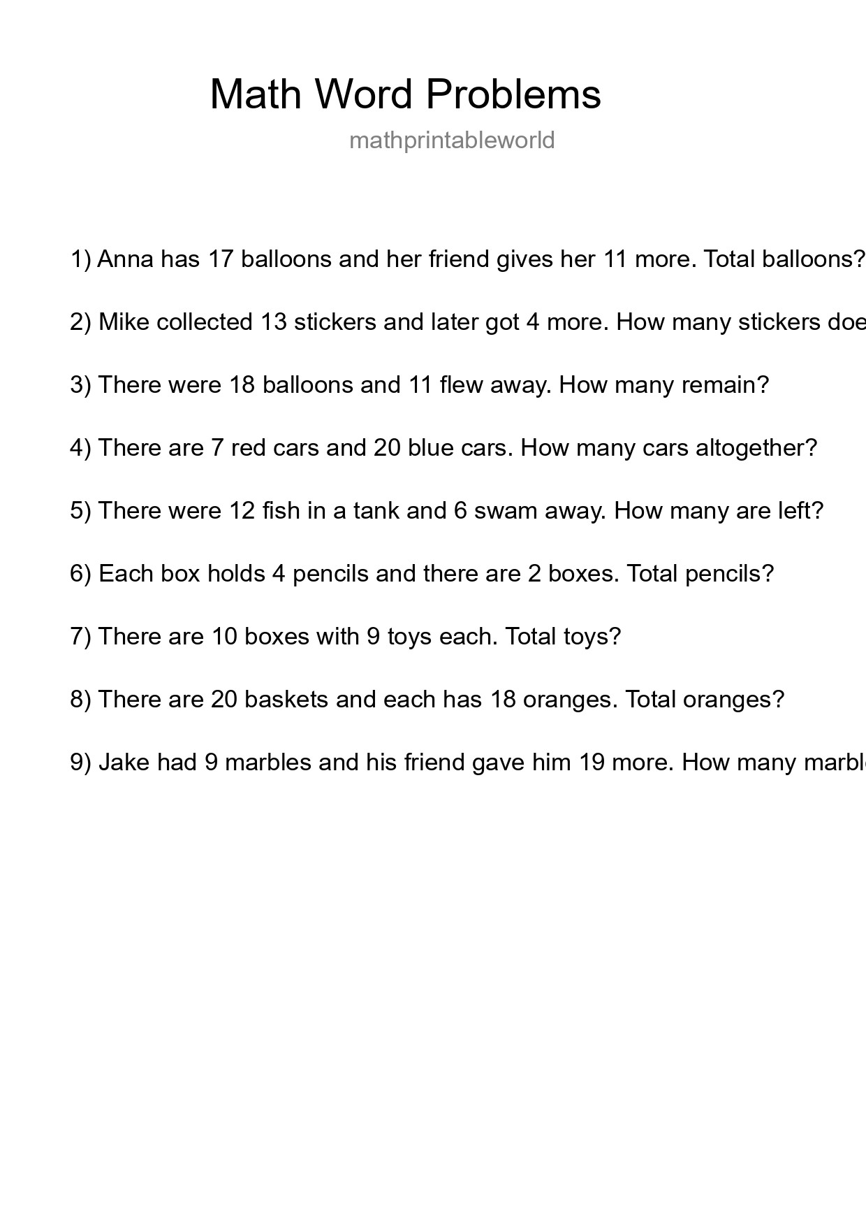 Math Word Problem Worksheet