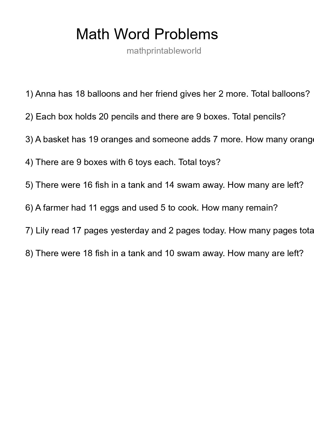 Math Word Problem Worksheet