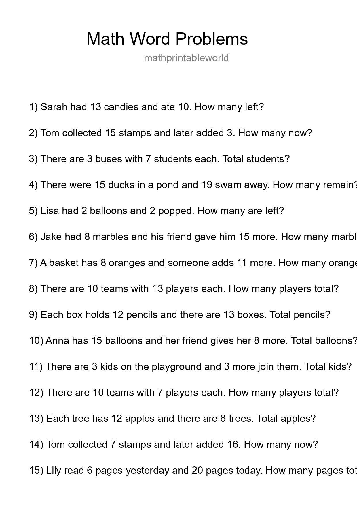 Math Word Problem Worksheet