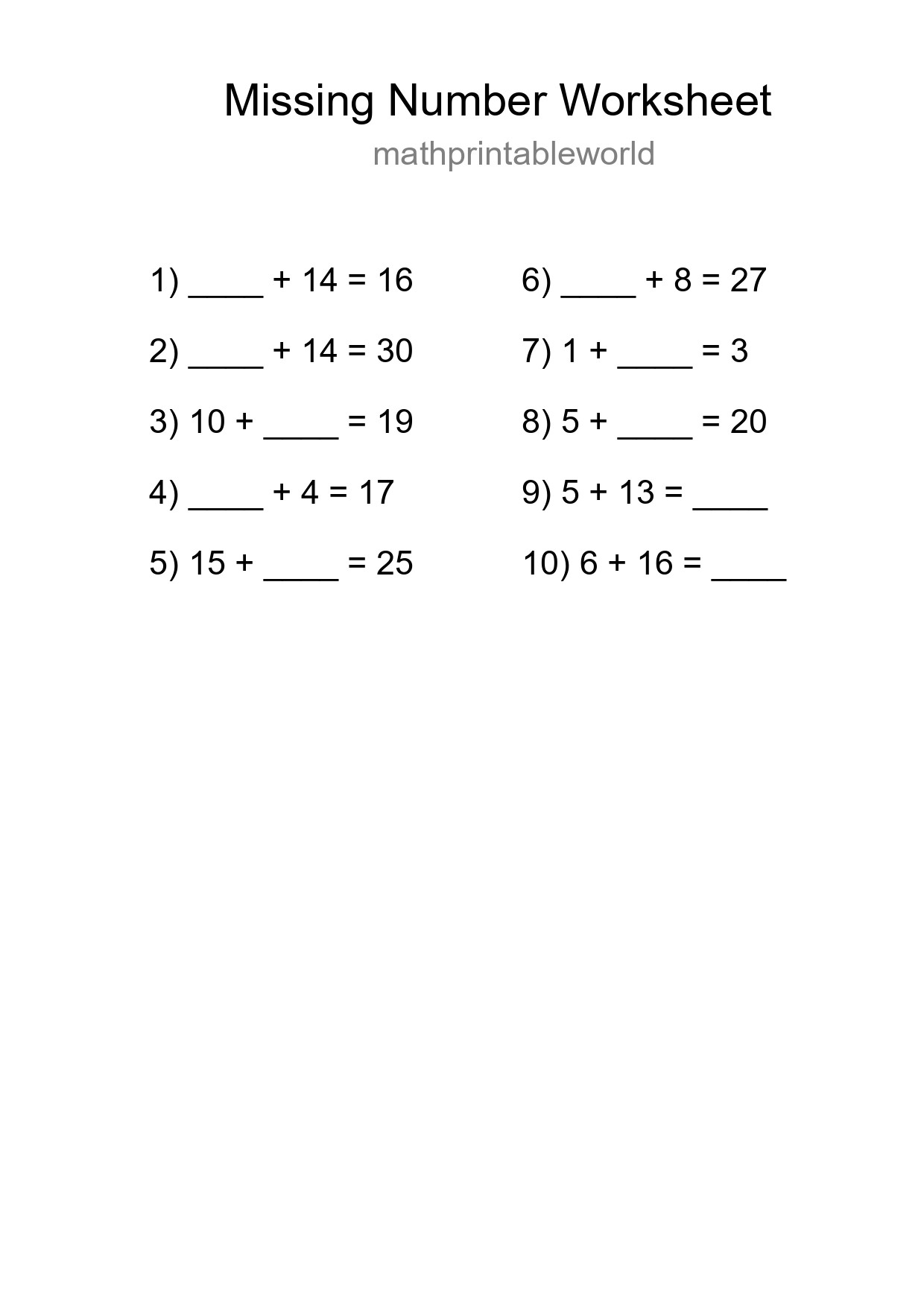 Missing Number Math Worksheet