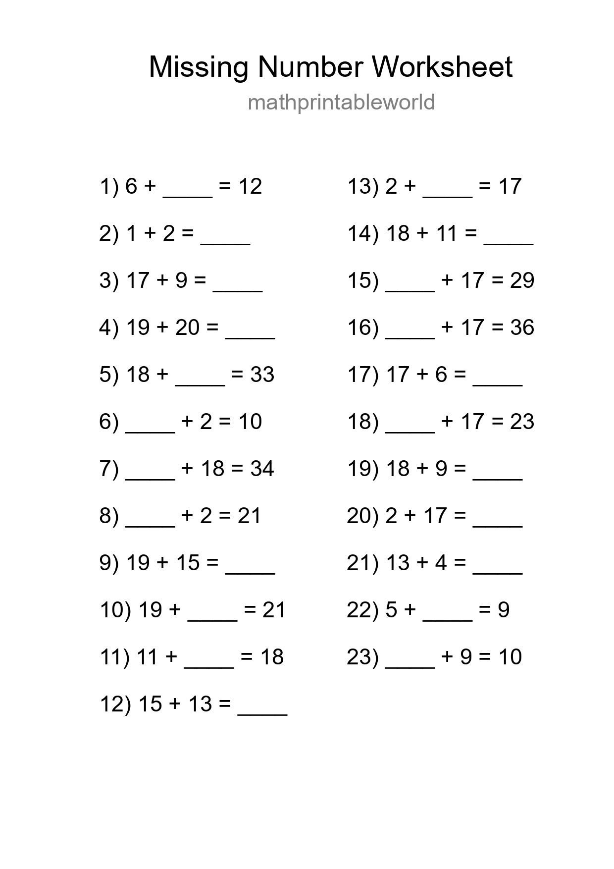 Missing Number Math Worksheet