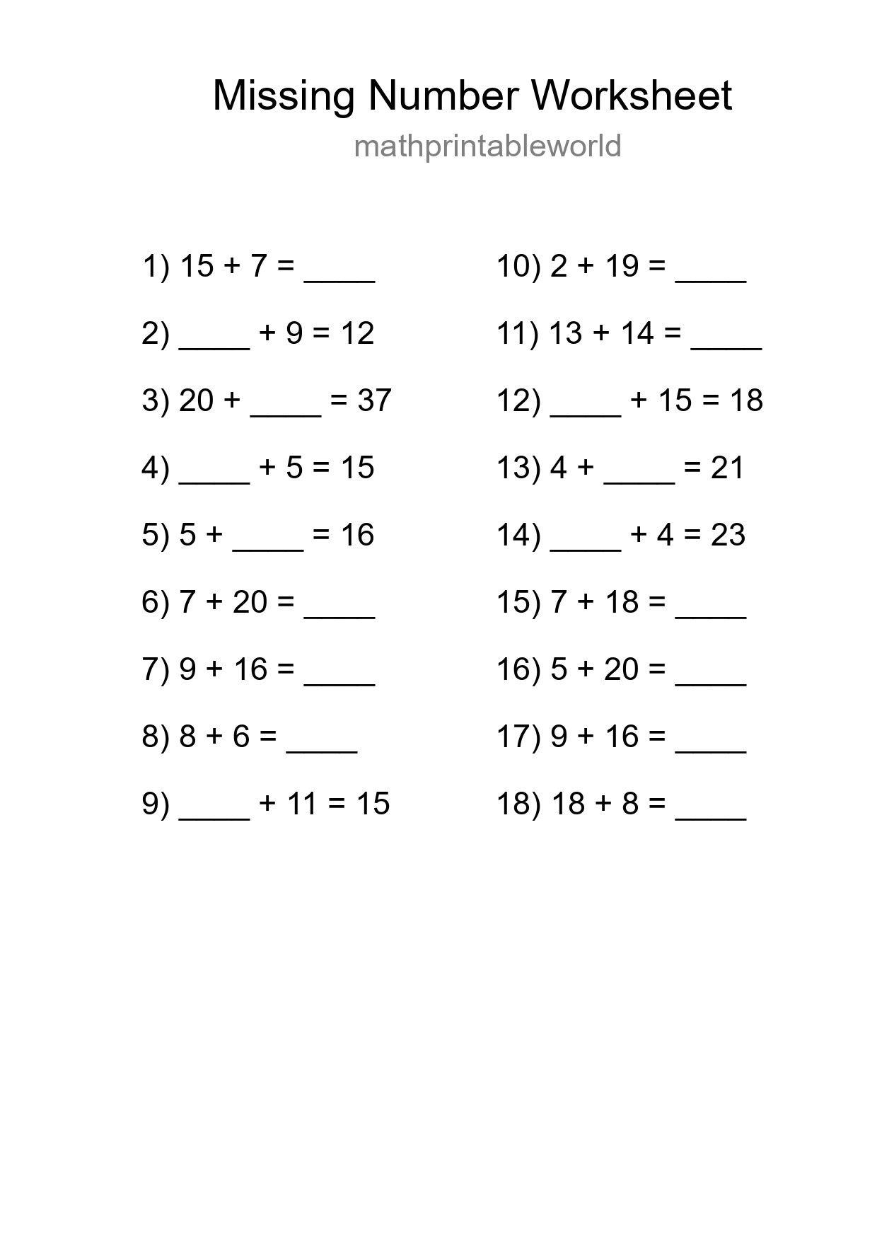 Missing Number Math Worksheet