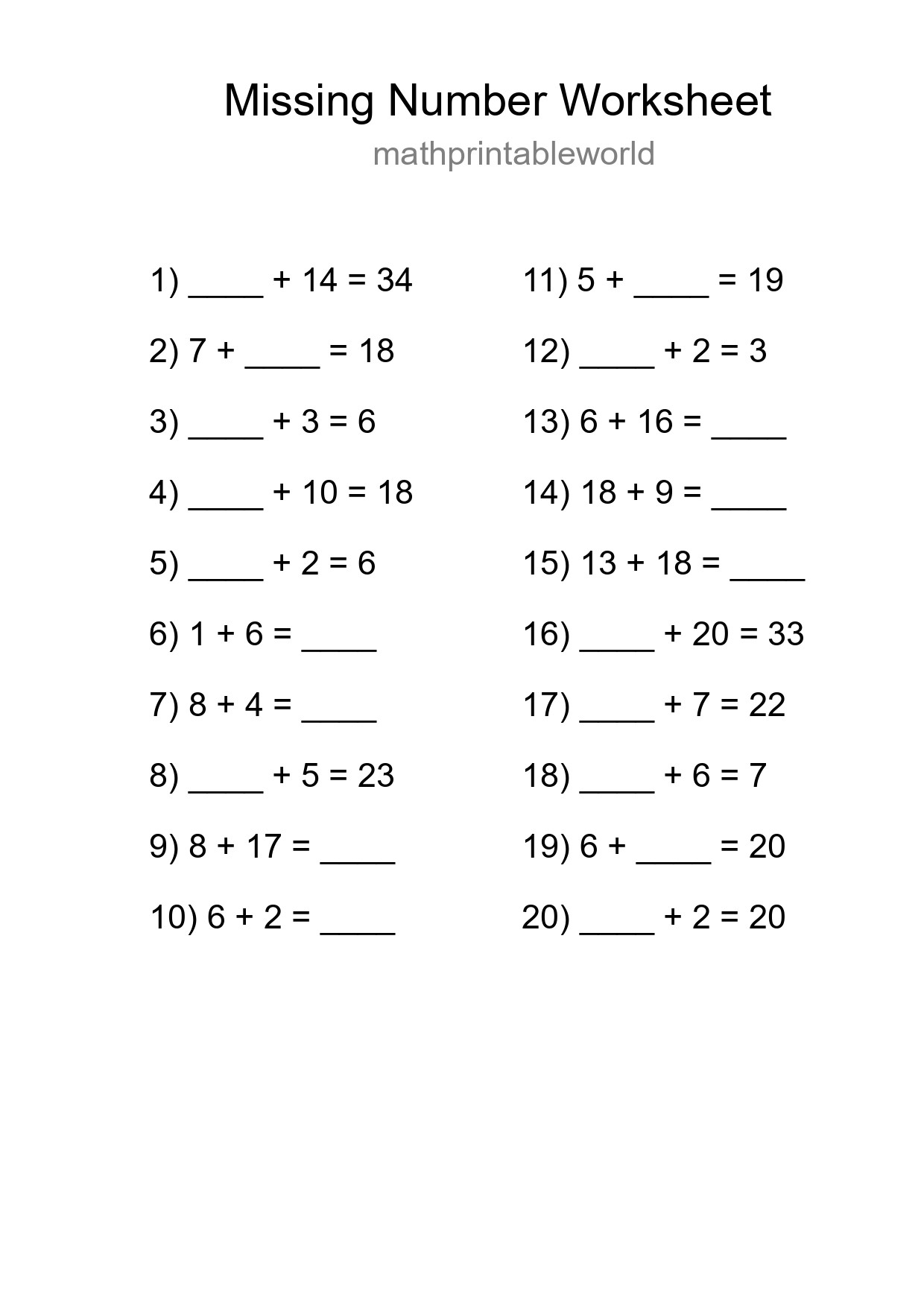 Missing Number Math Worksheet