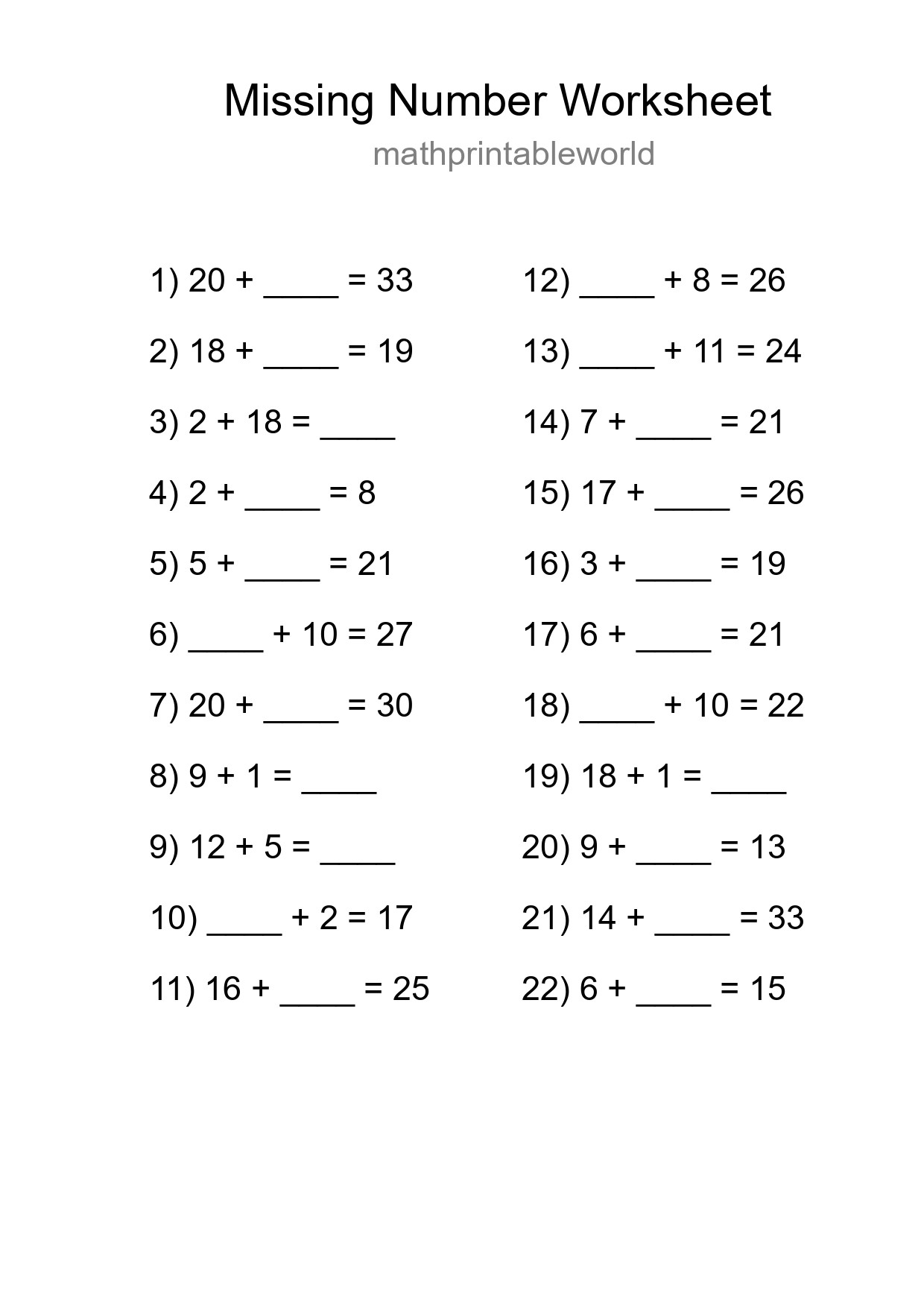 Missing Number Math Worksheet