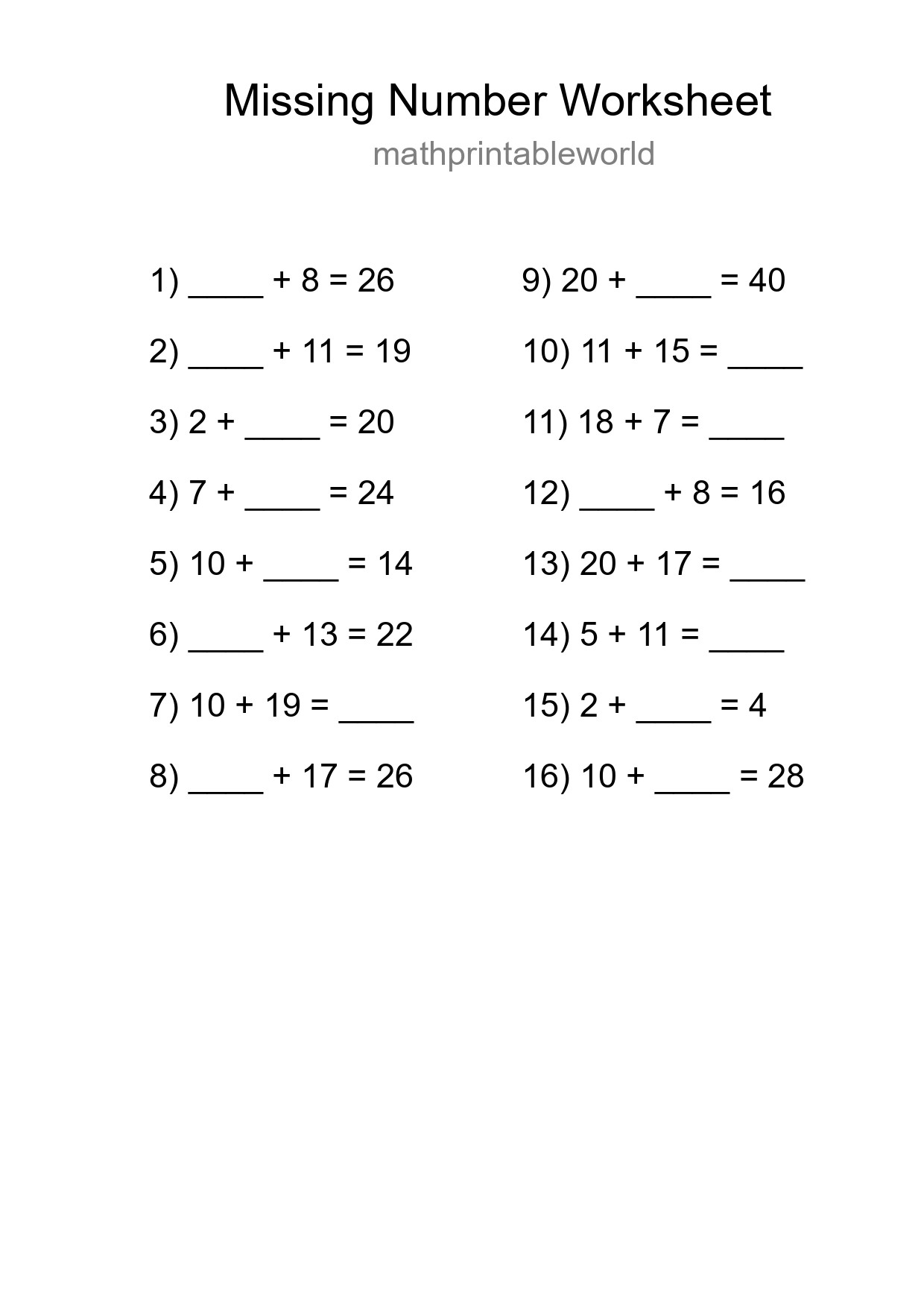 Missing Number Math Worksheet