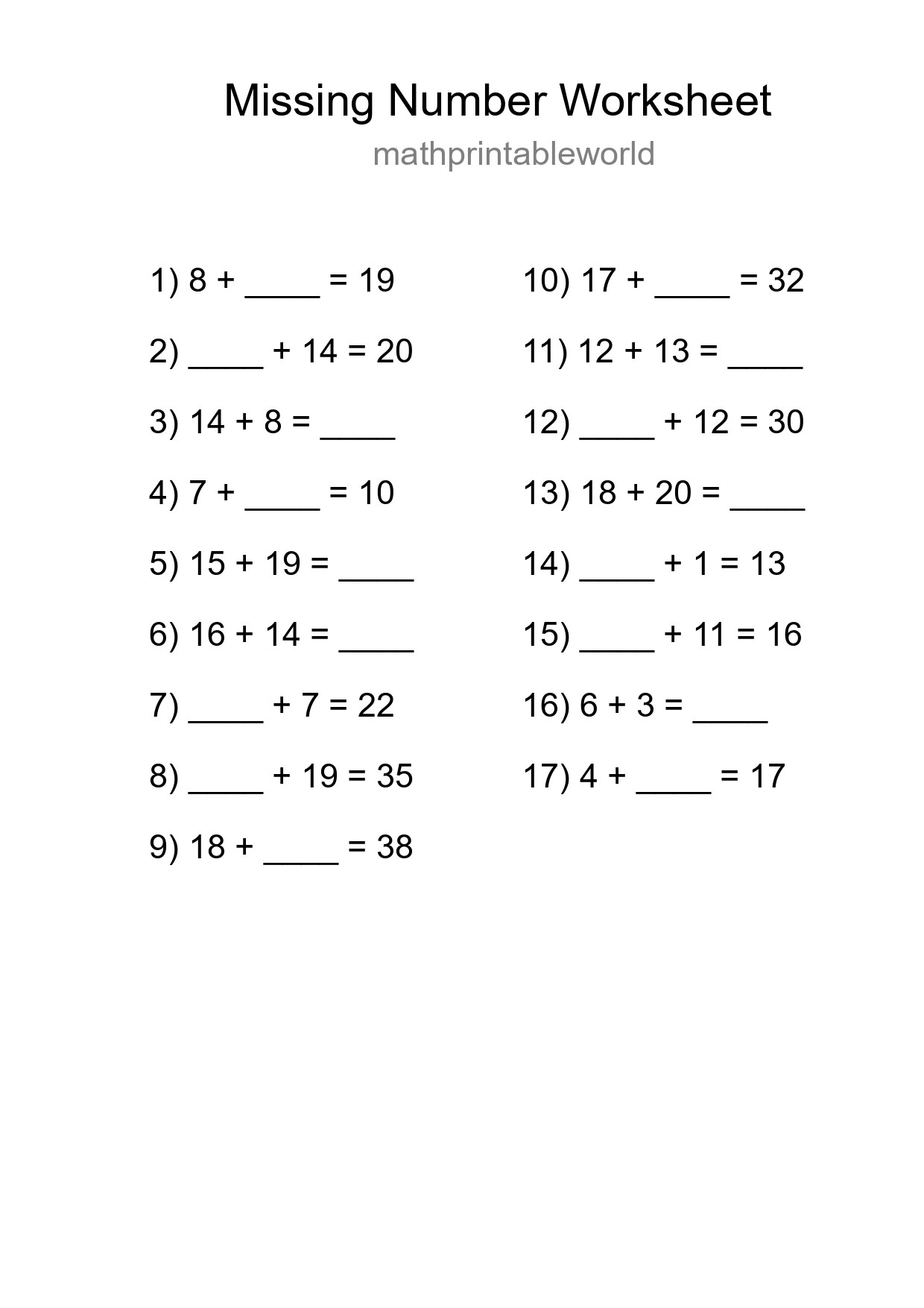 Missing Number Math Worksheet