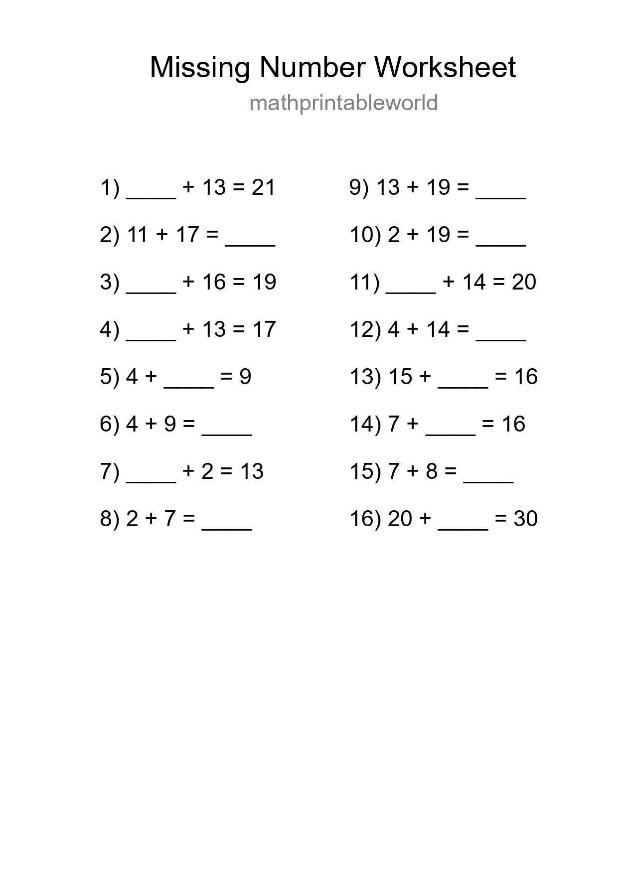 Missing Number Math Worksheet