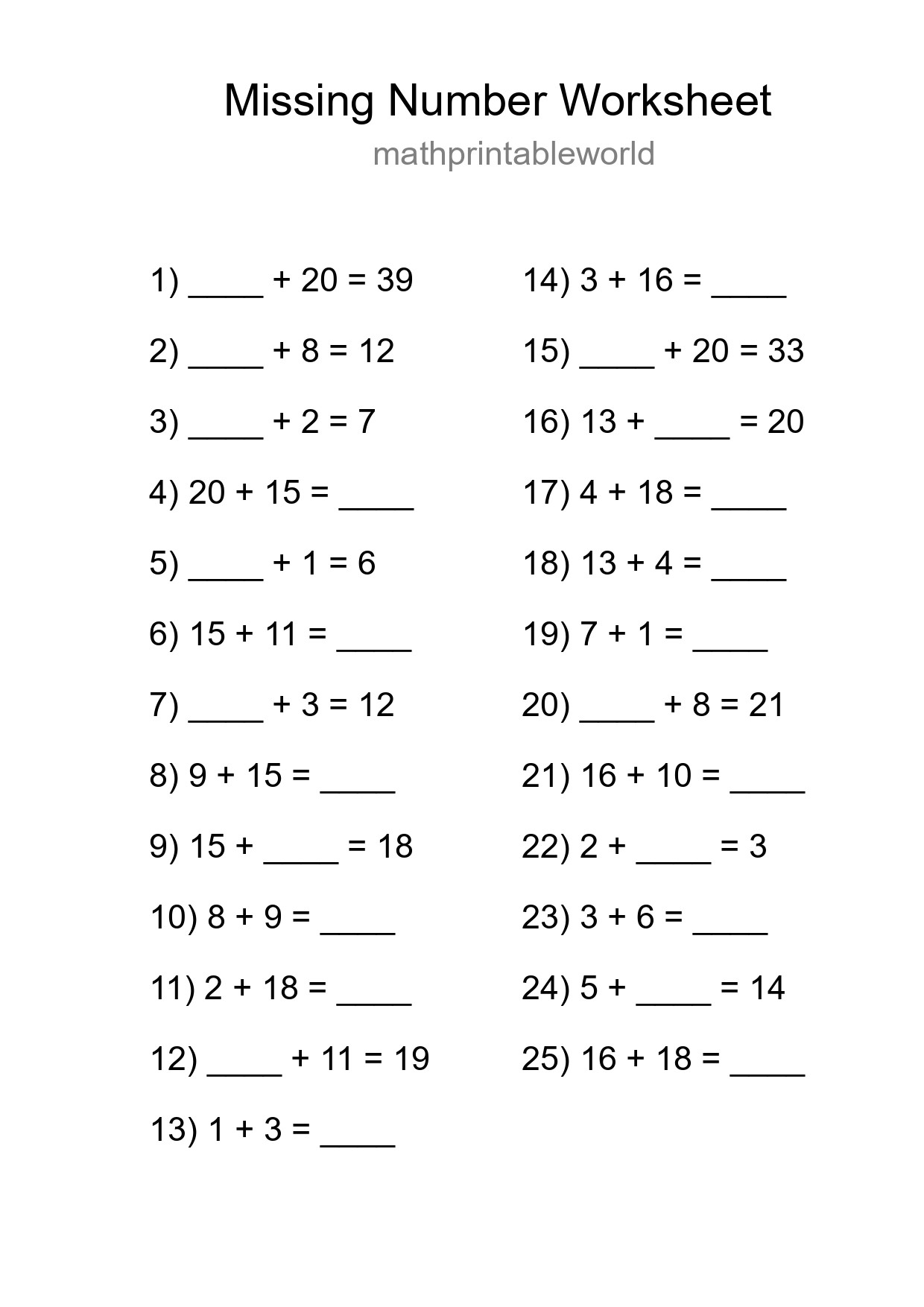 Missing Number Math Worksheet