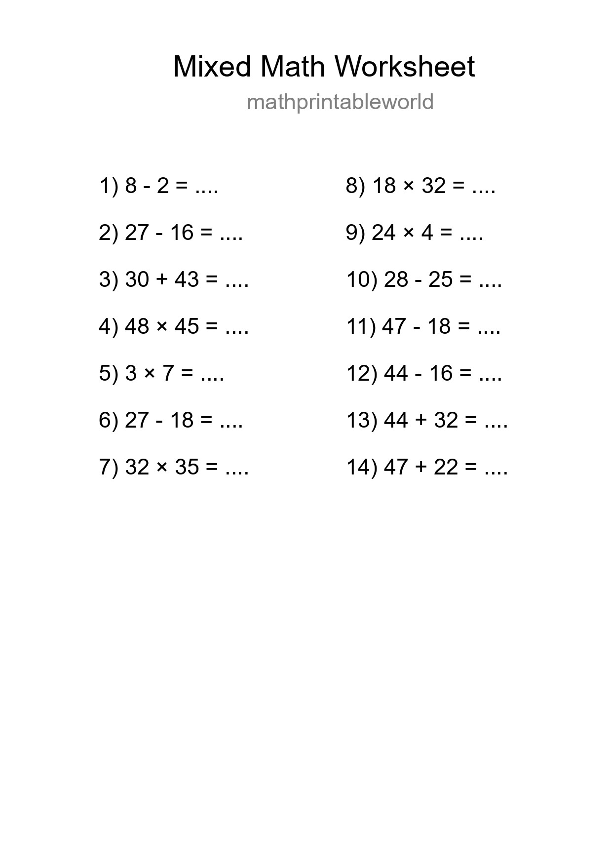 Mixed Operations Math Worksheet