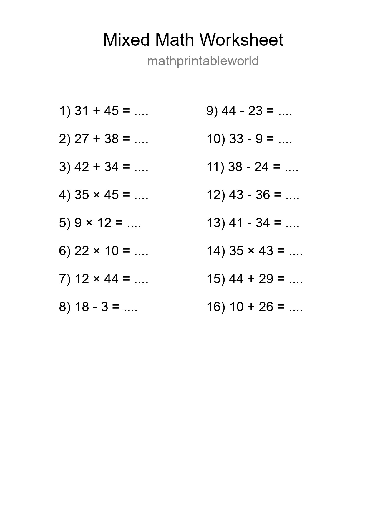 Mixed Operations Math Worksheet