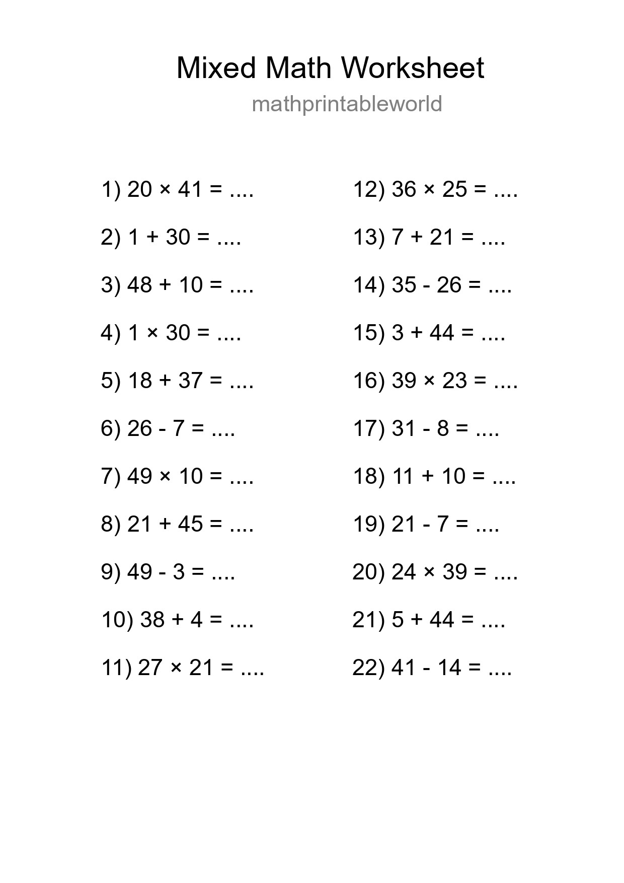 Mixed Operations Math Worksheet