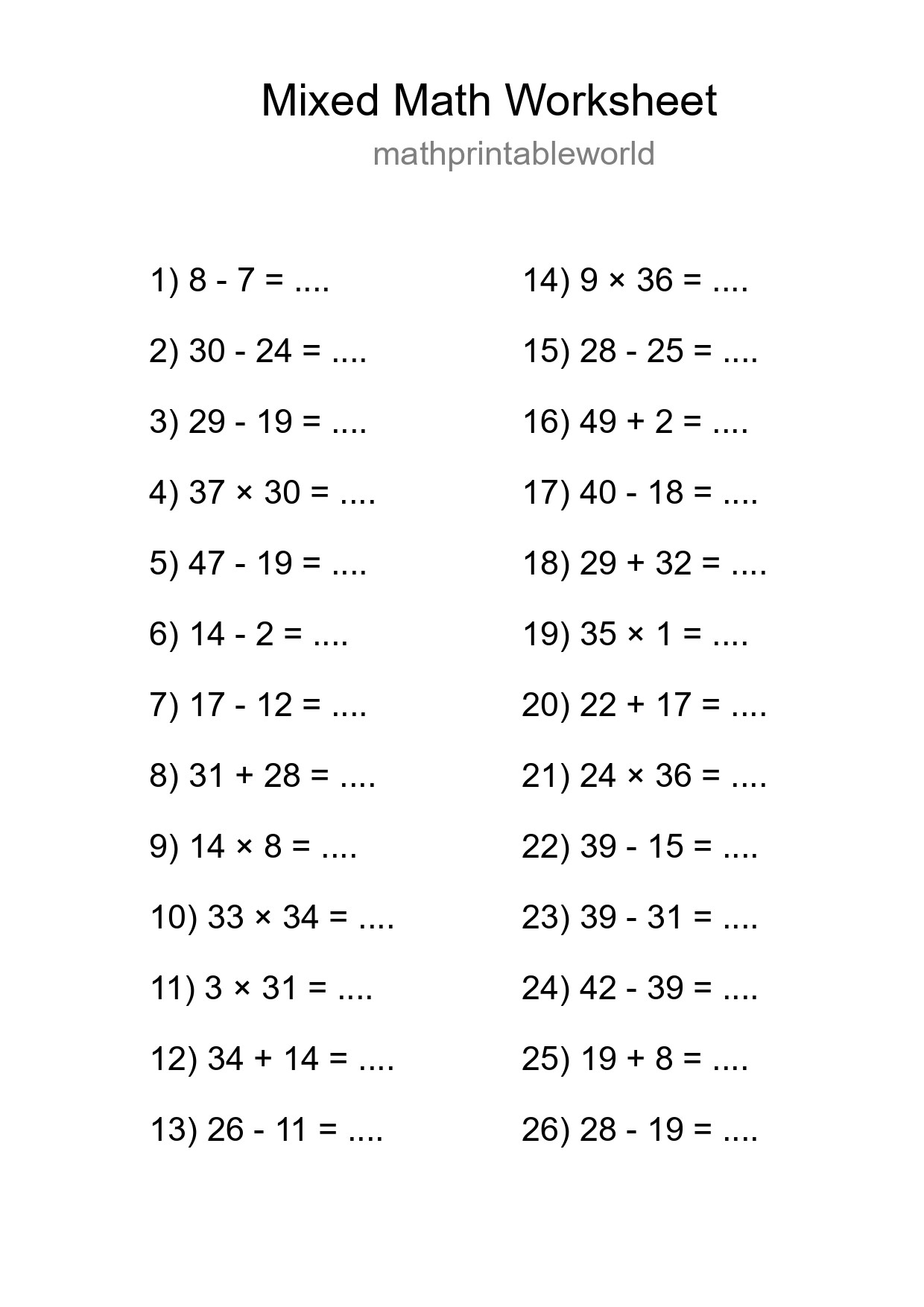 Mixed Operations Math Worksheet