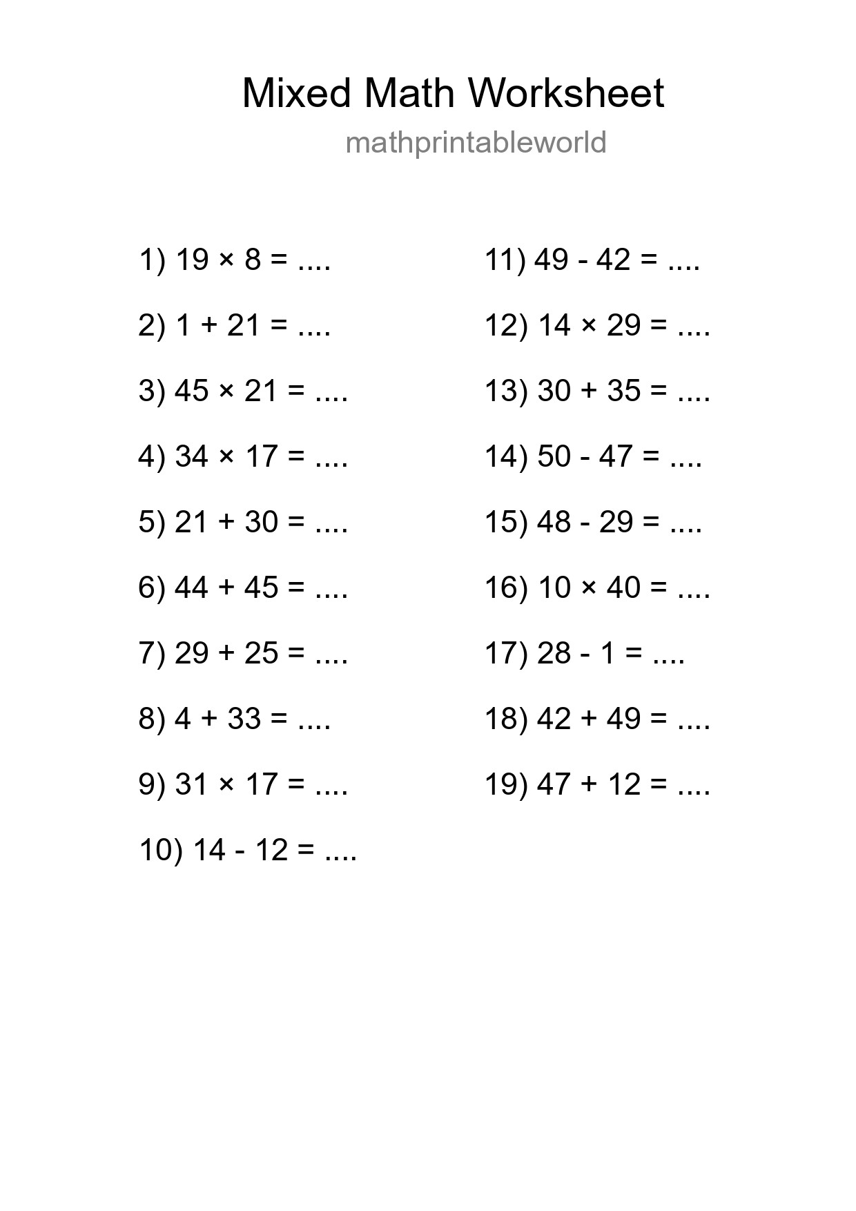 Mixed Operations Math Worksheet