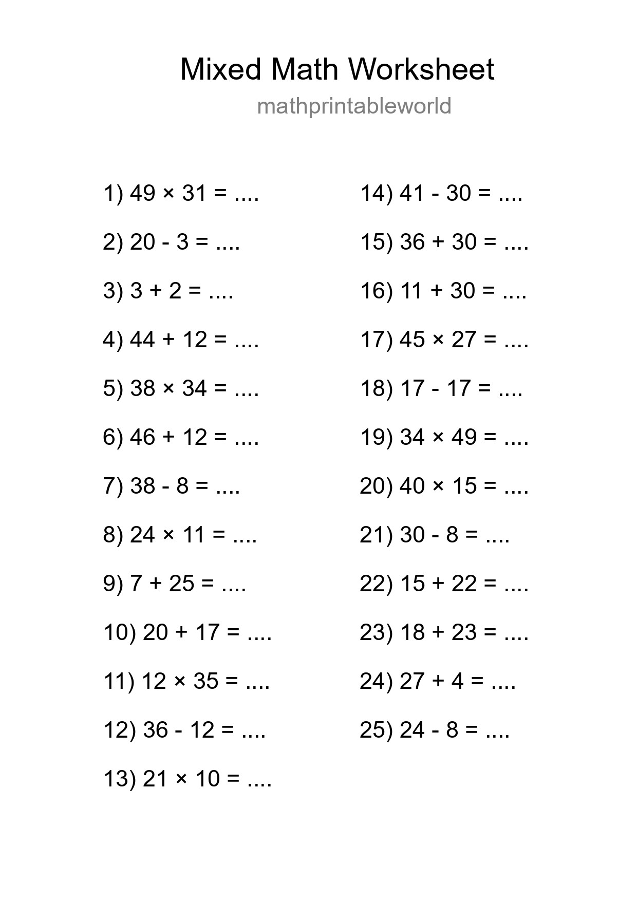 Mixed Operations Math Worksheet