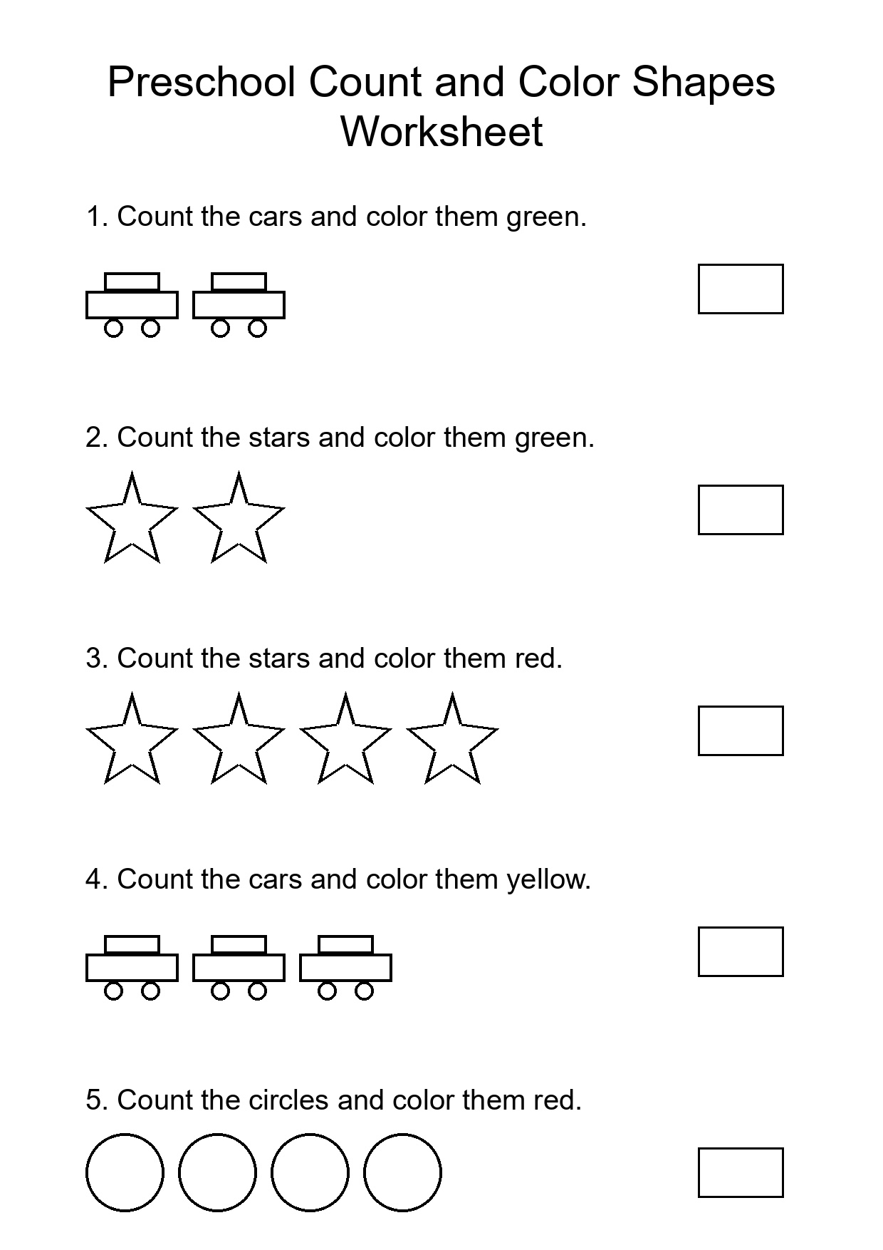 Preschool Count and Color Shapes Worksheet