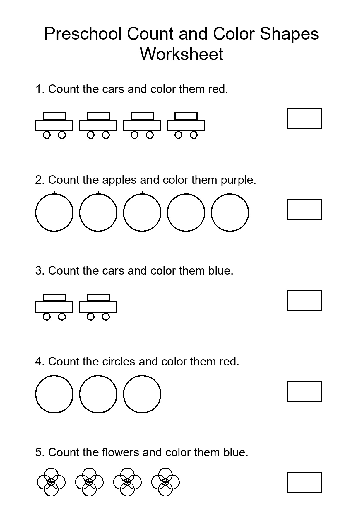Preschool Count and Color Shapes Worksheet
