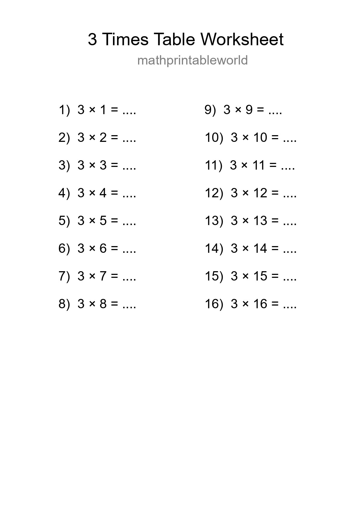 Printable 3 Times Table Worksheet For Grade 2 - Part 89