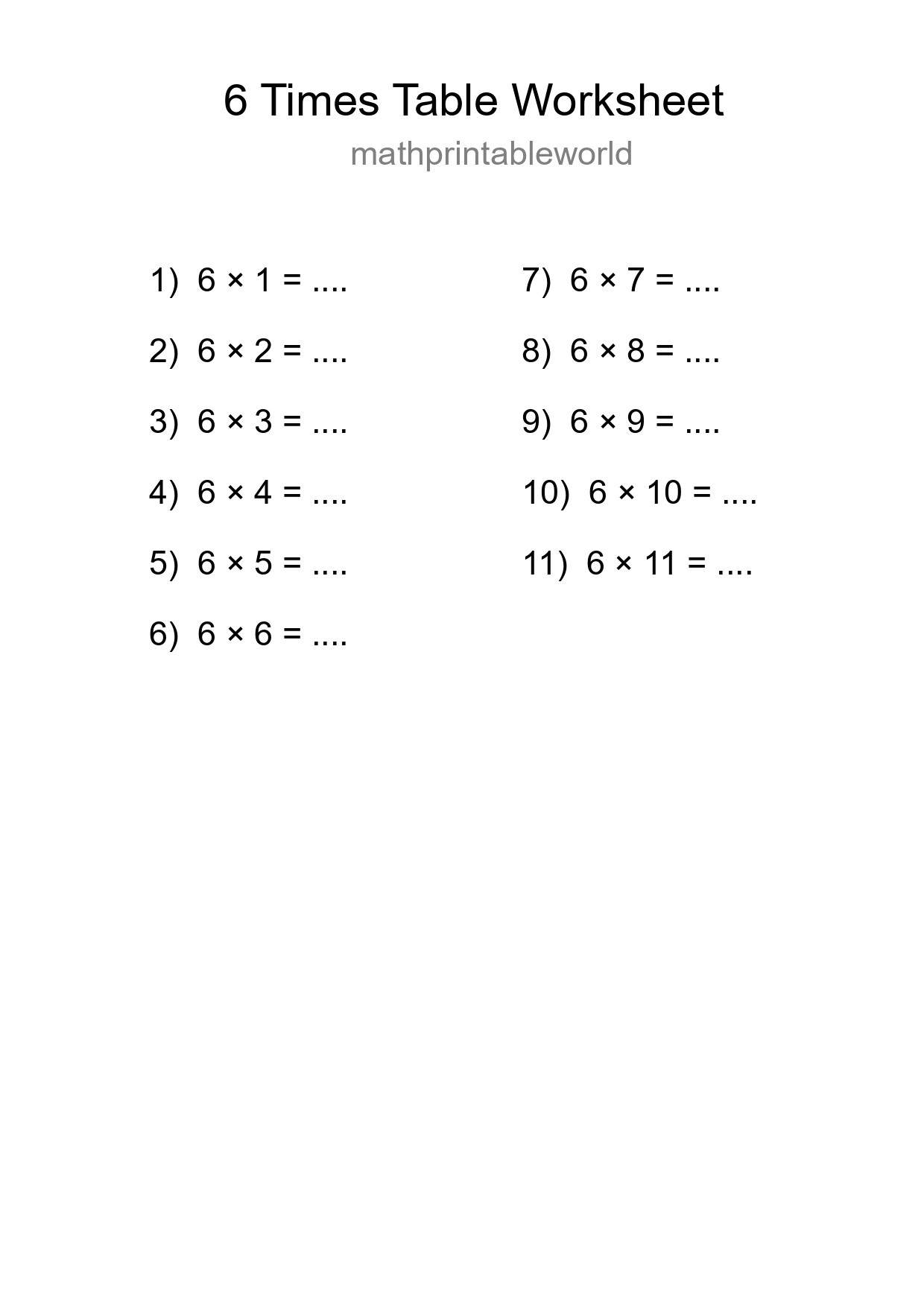 Printable 6 Times Table Worksheet For Grade 3 - Part 79