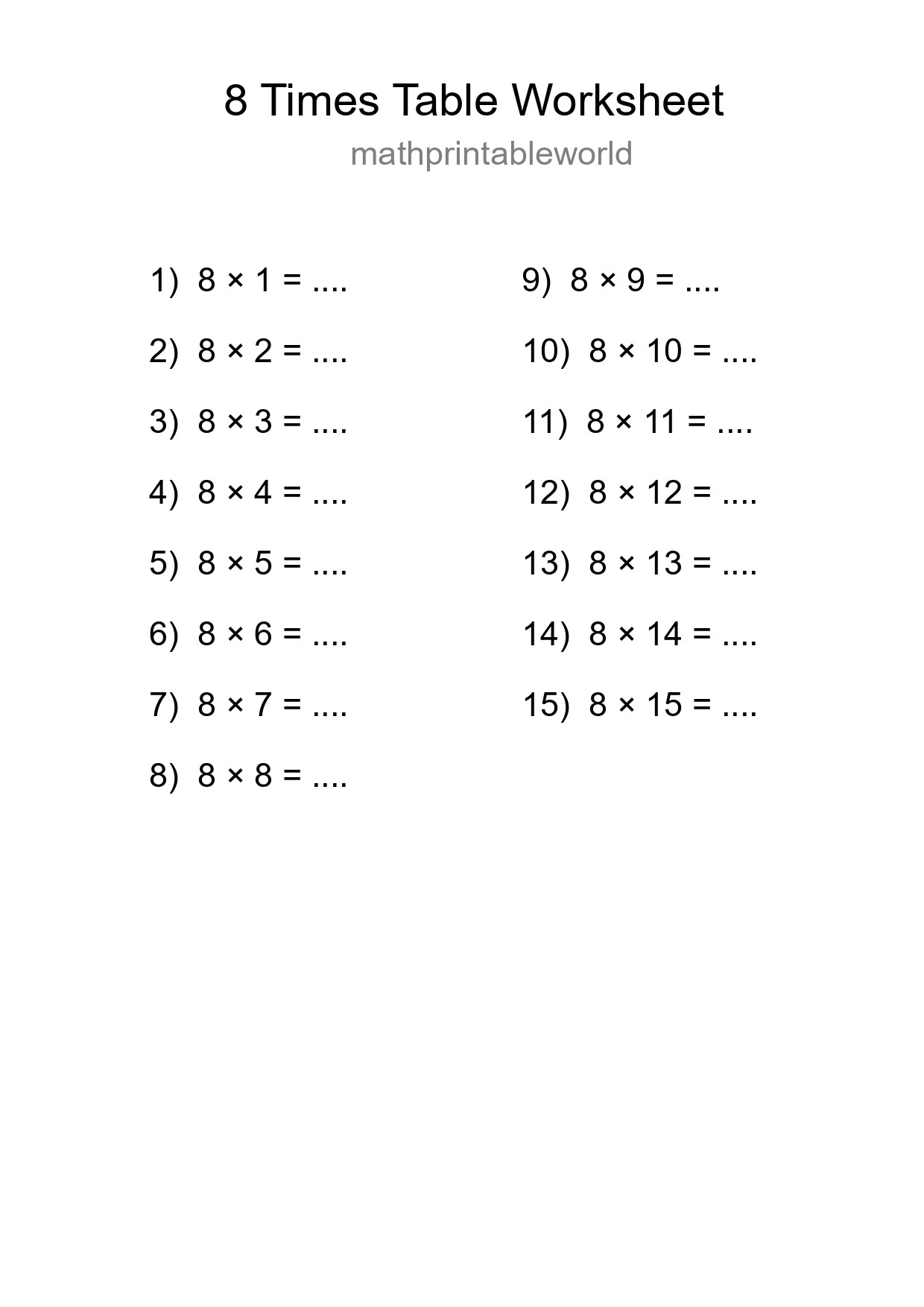 Printable 8 Times Table Worksheet For Grade 3 - Part 49