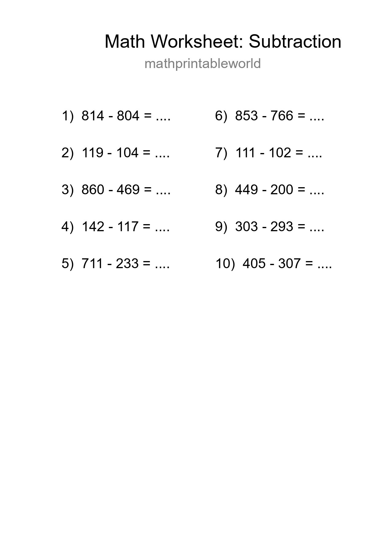 Printable Free 10 Subtraction Math Worksheet For Grade 5 - Part 18