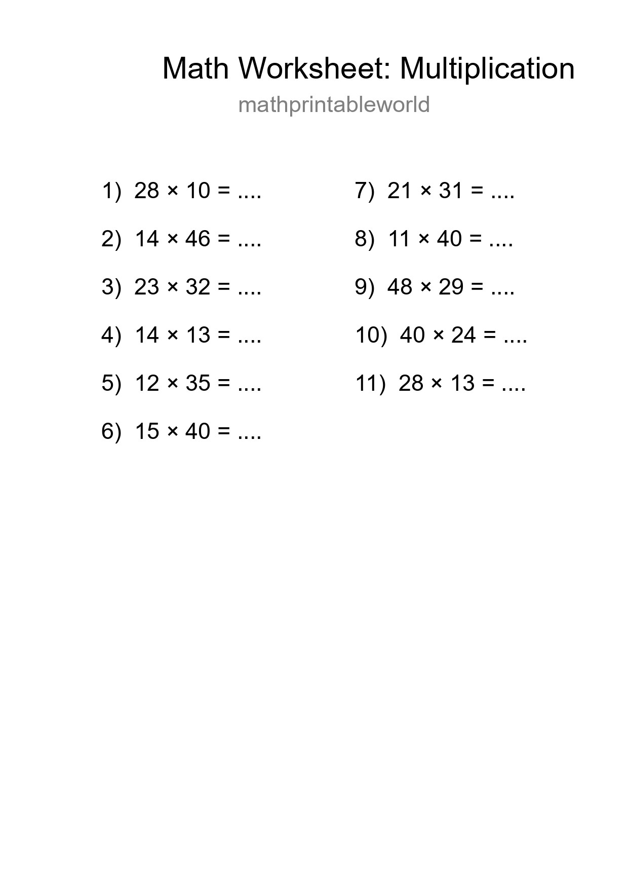 Printable Free 11 Multiplication Math Worksheet For Grade 2 - Part 7