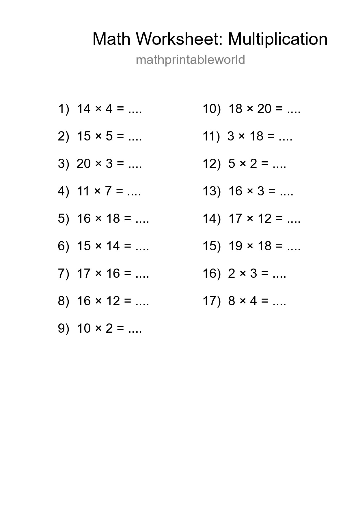 Printable Free 17 Multiplication Math Worksheet For Grade 2 - Part 37