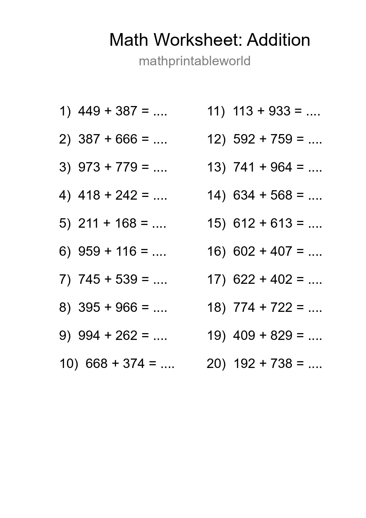 Printable Free 20 Addition Math Worksheet For Grade 5 - Part 71