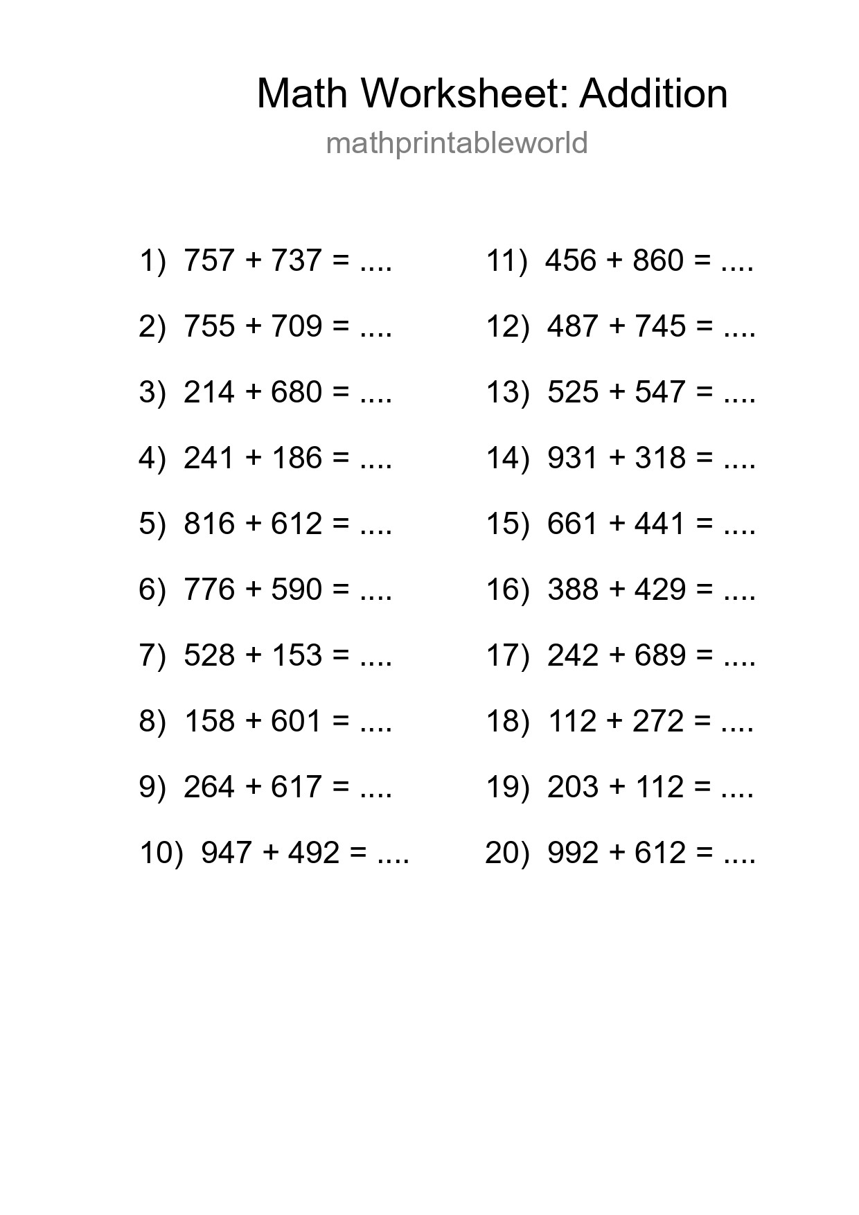 Printable Free 20 Addition Math Worksheet For Grade 5 - Part 91